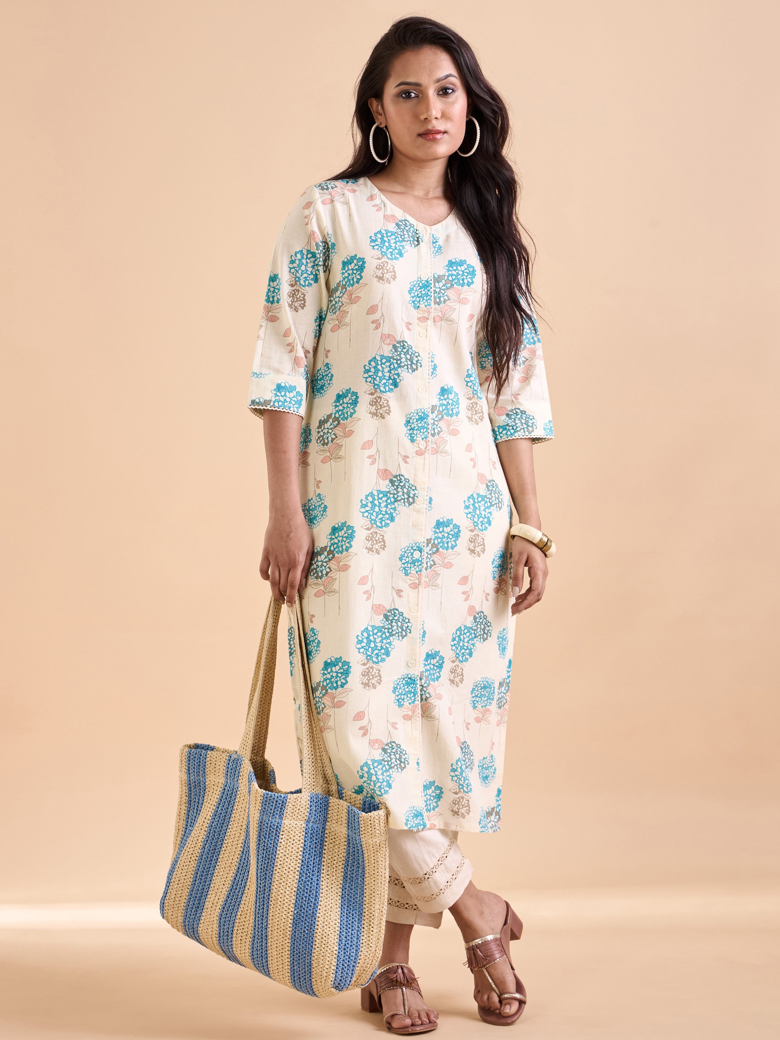 Ivory And Blue Cotton Flax Printed Kurti With Lace Detailing
