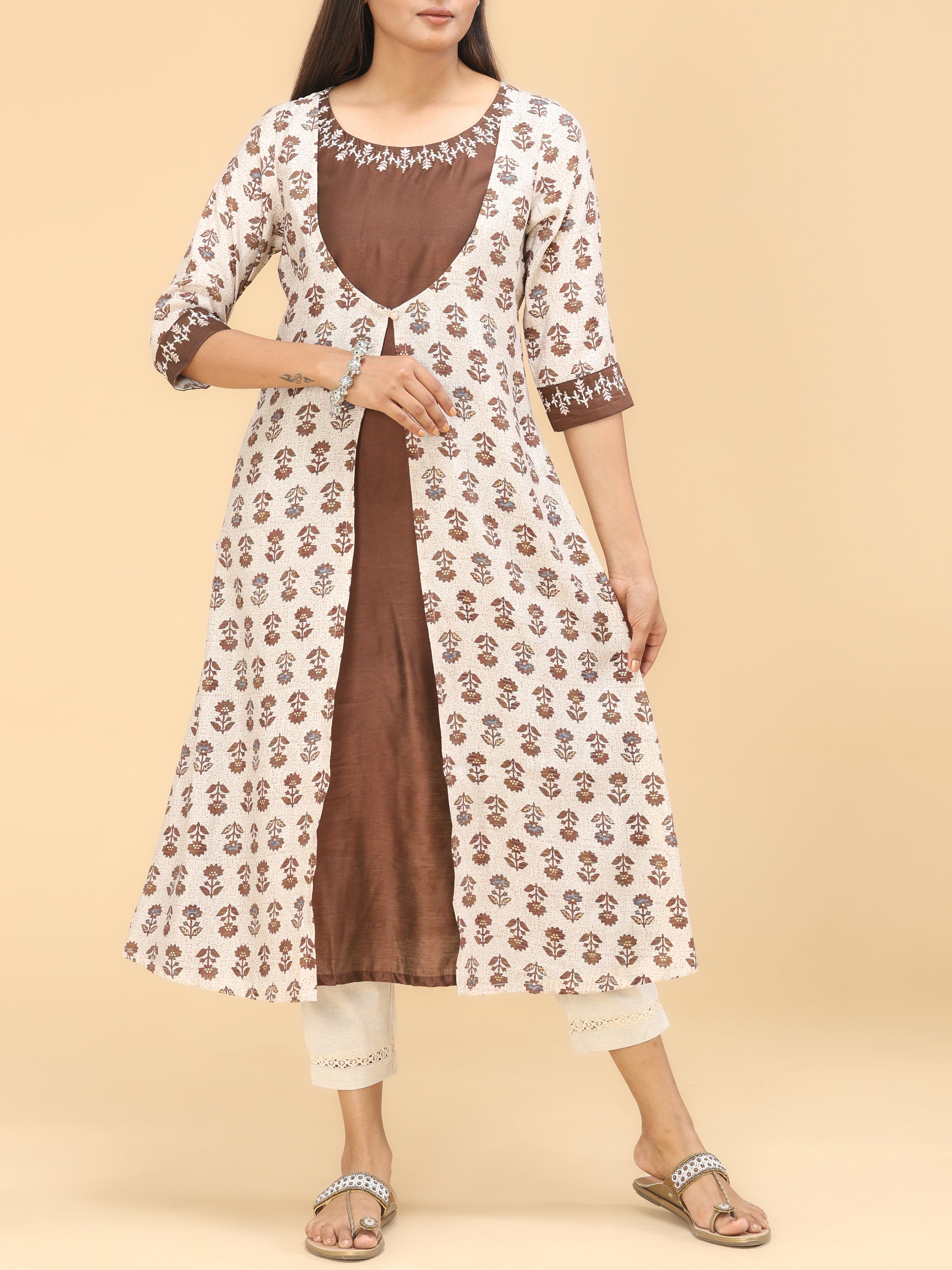 Brown Modal Chanderi Kurti With Print