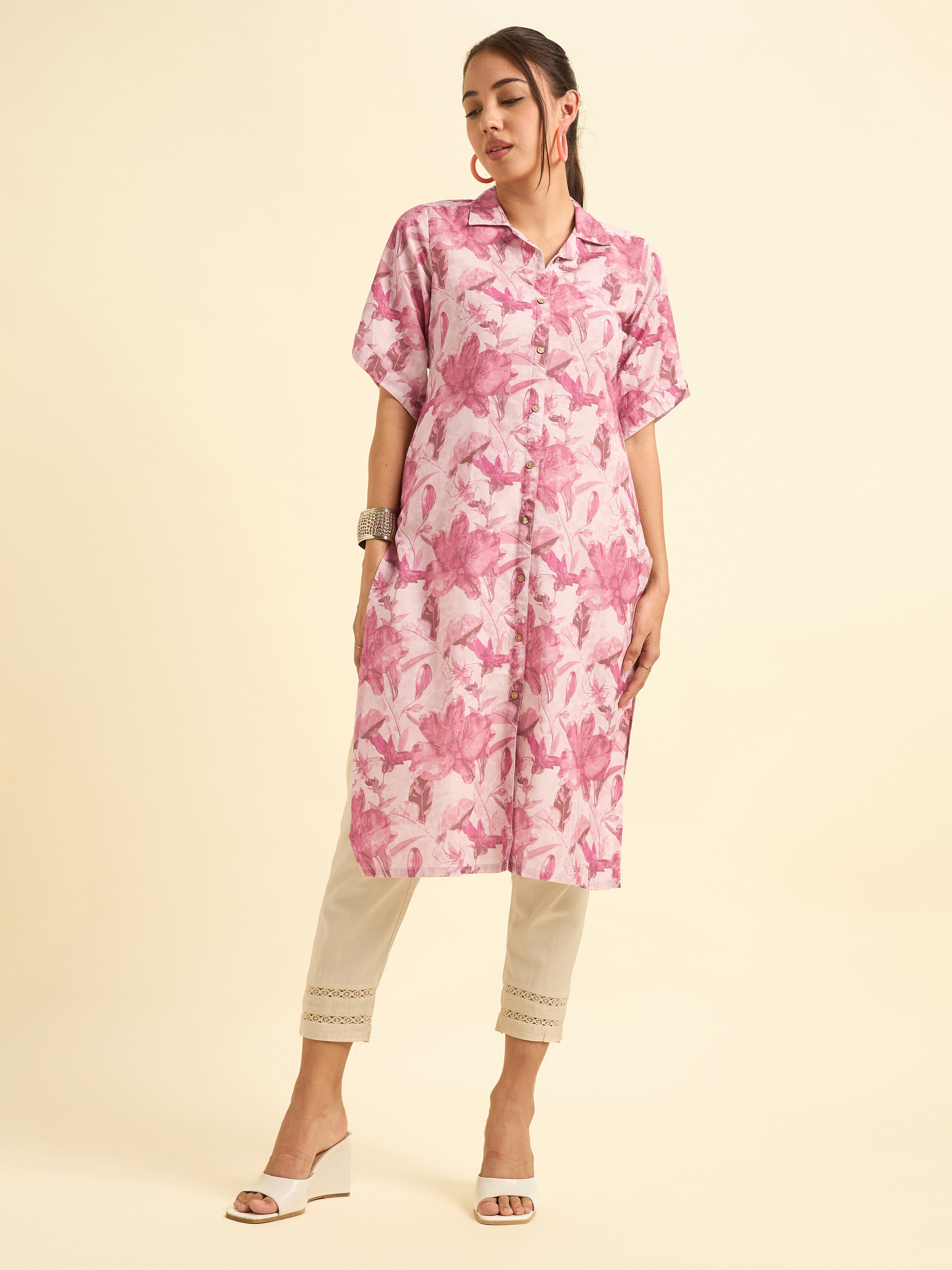 Blush Pink Cotton Slub Slited Printed Kurti With Full Placket