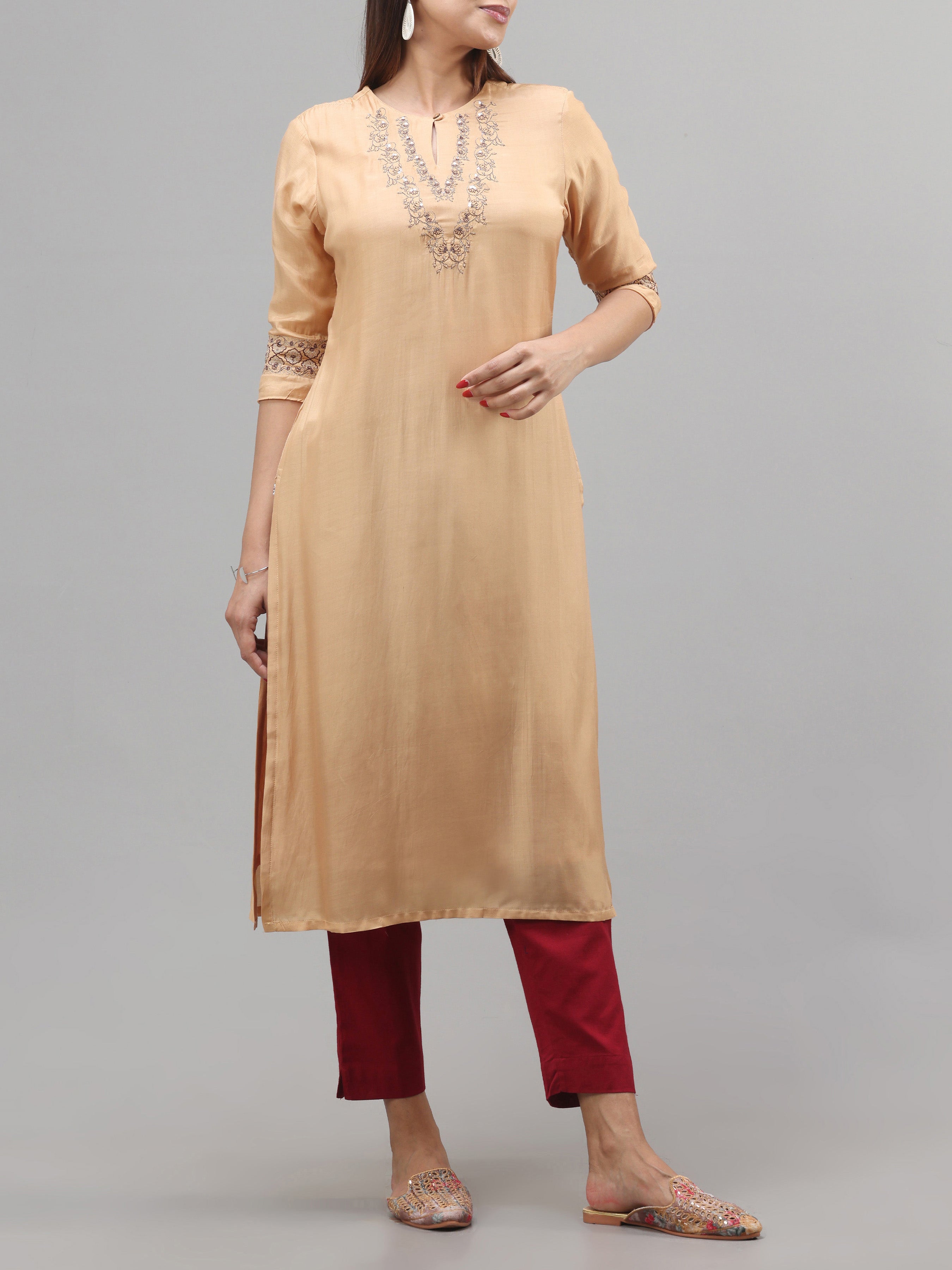 Beige Viscose Plain Kurti With Embroidery