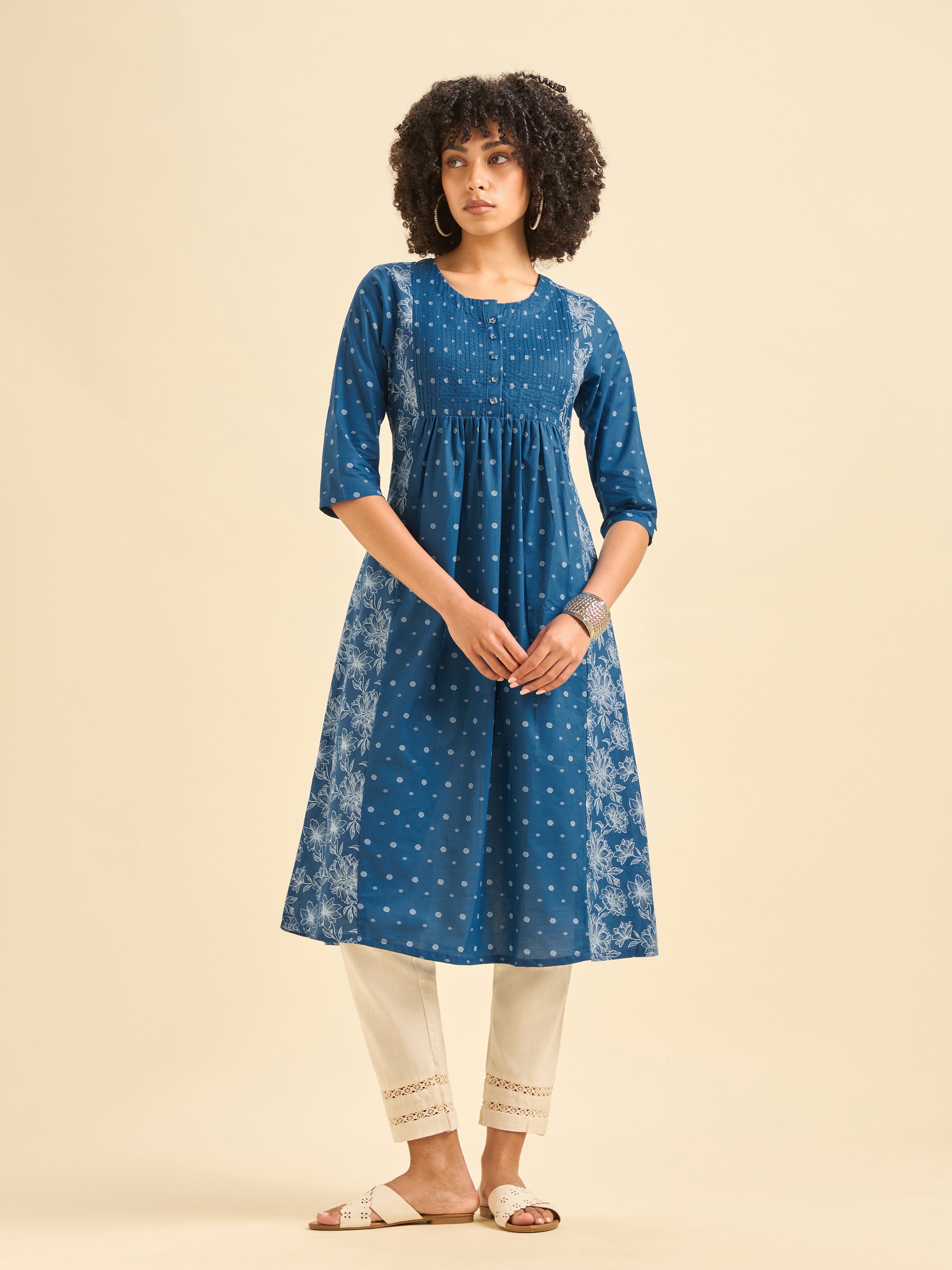 Royal Blue Cotton Printed Flared Kurti