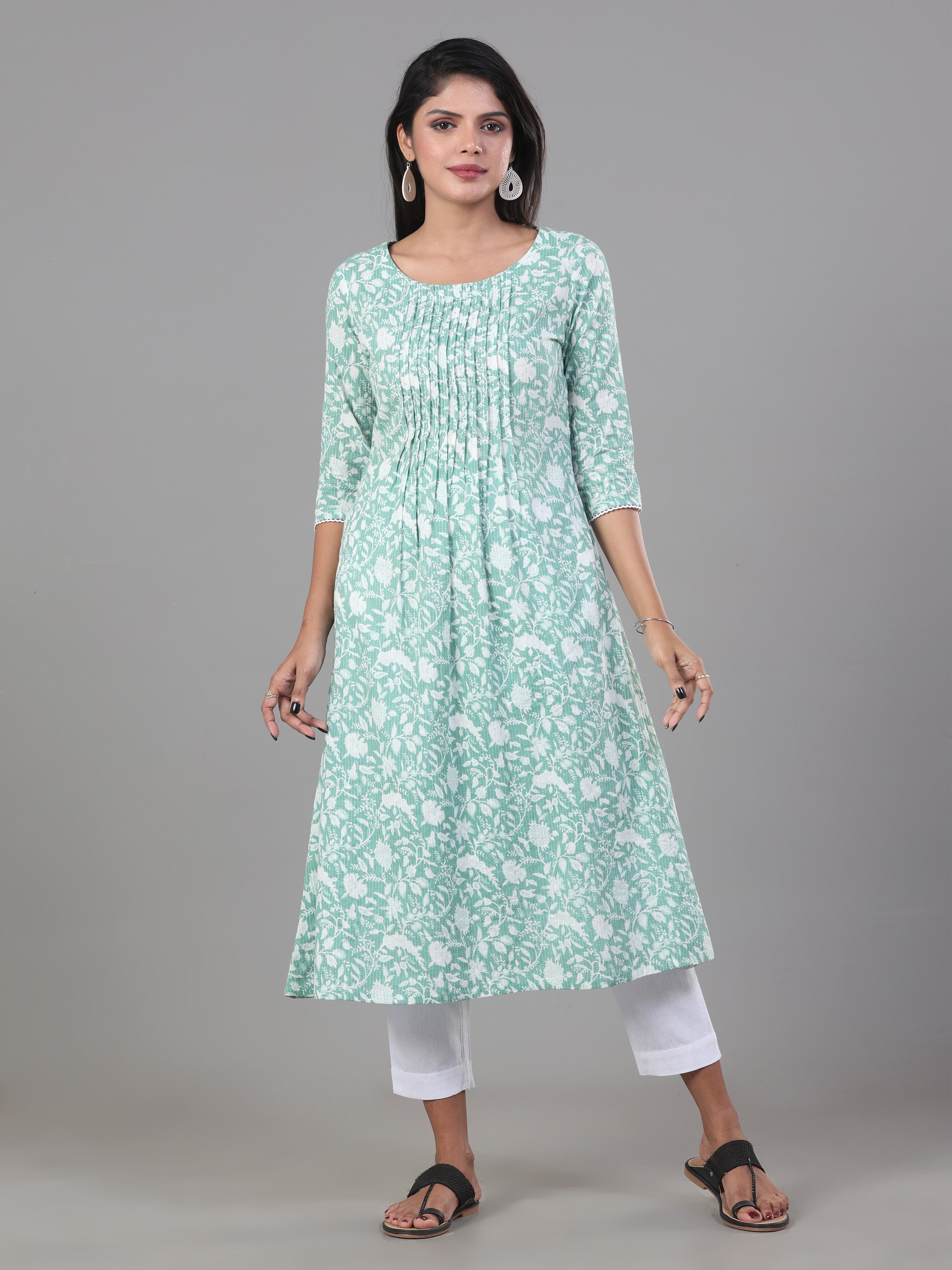 Mint Green Pure Cotton Katha Printed Kurti With Sequins Work