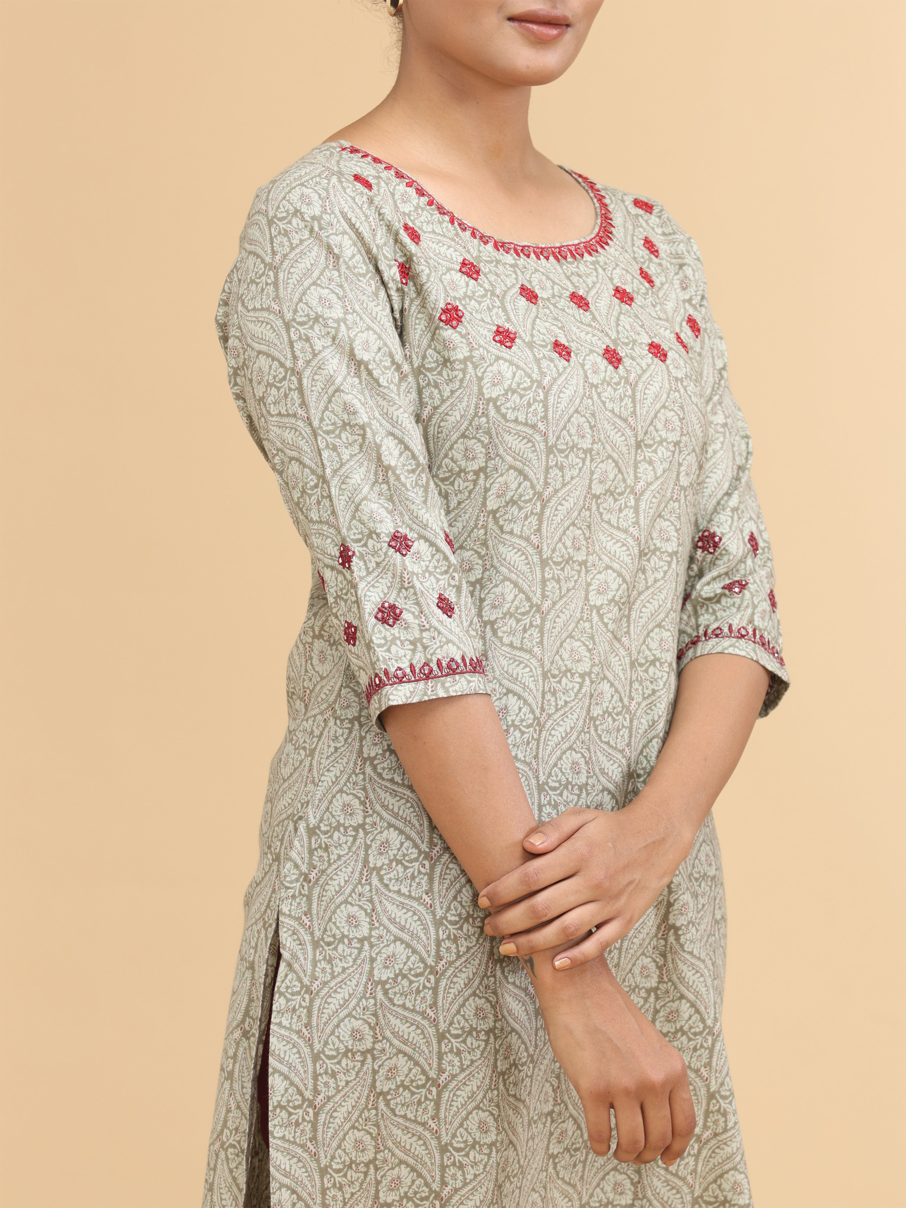 Beige Pure Cotton Printed Kurti With Embroidery