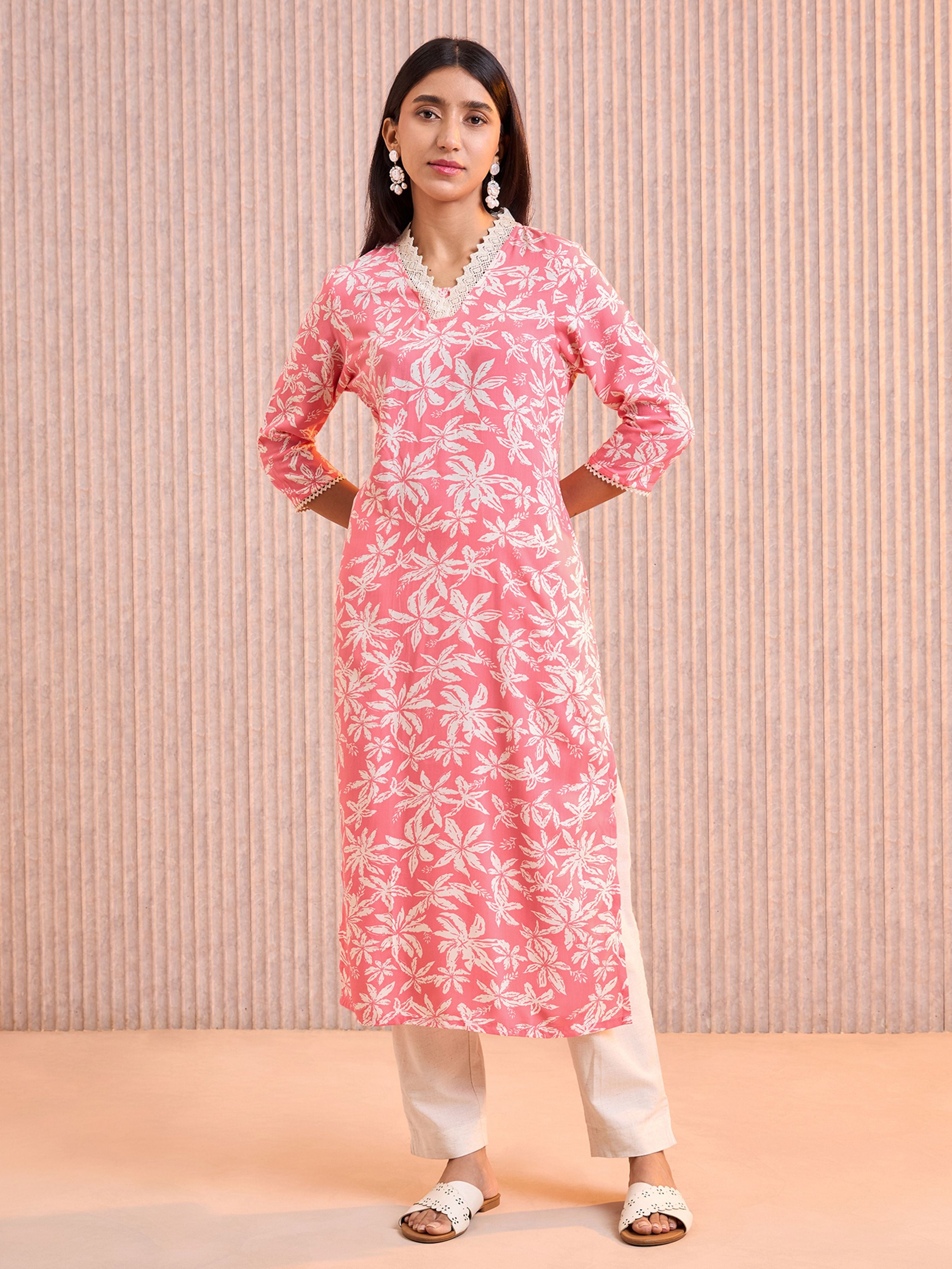 Pink Viscose Printed Kurti With Lace