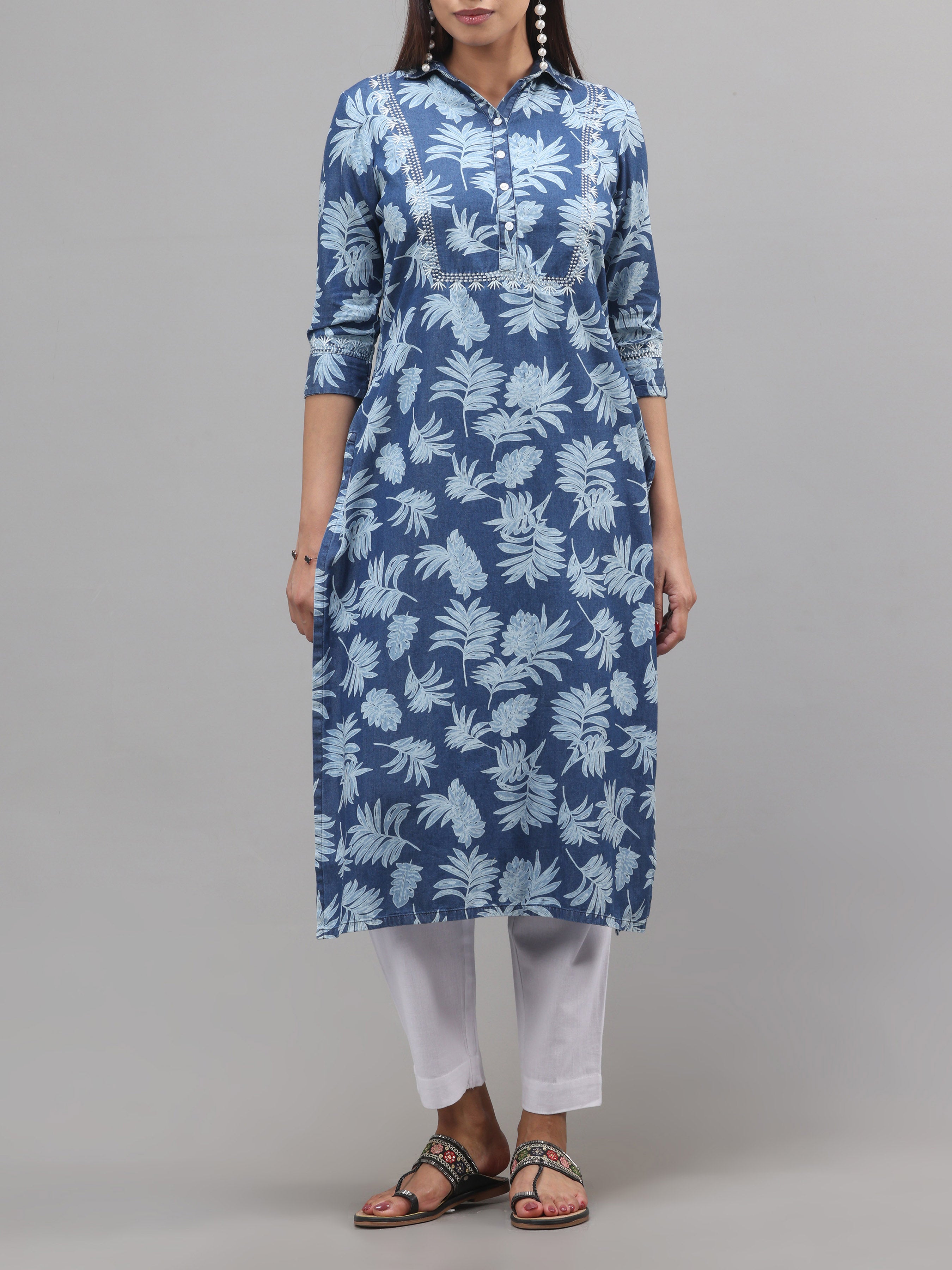 Denim Printed Kurti With Embroidery