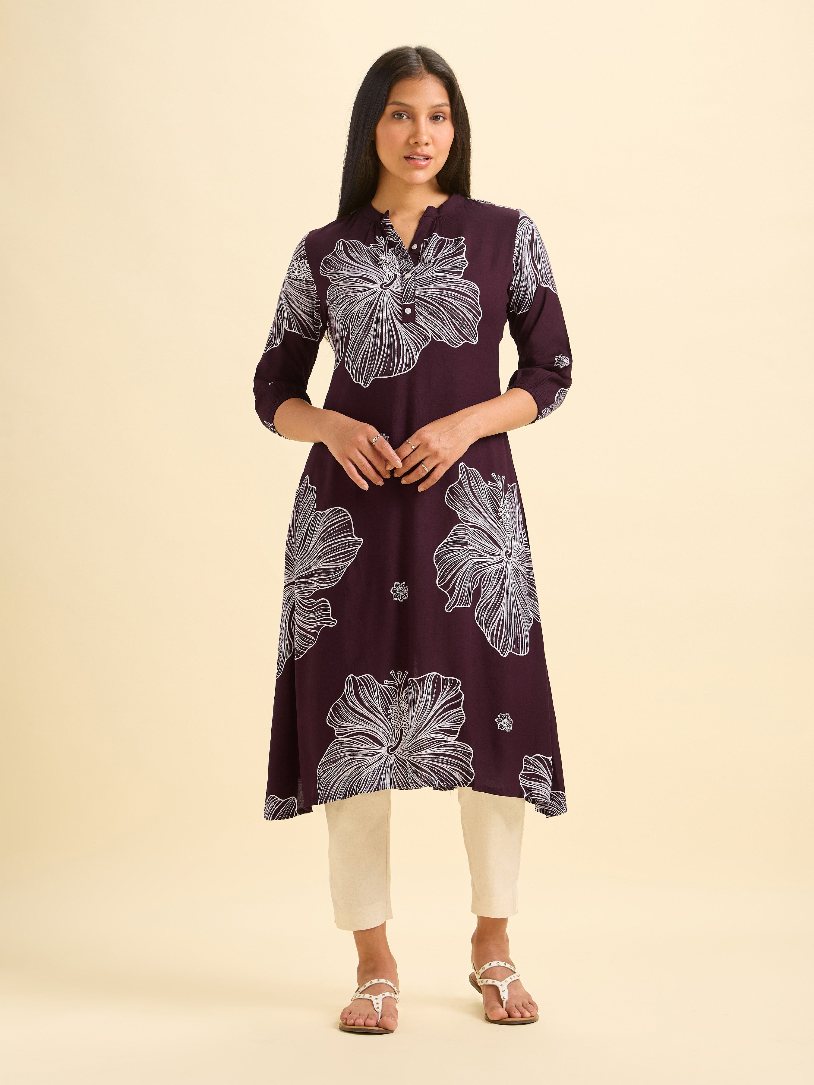 Wine Red And White Viscose Printed Flared Kurti