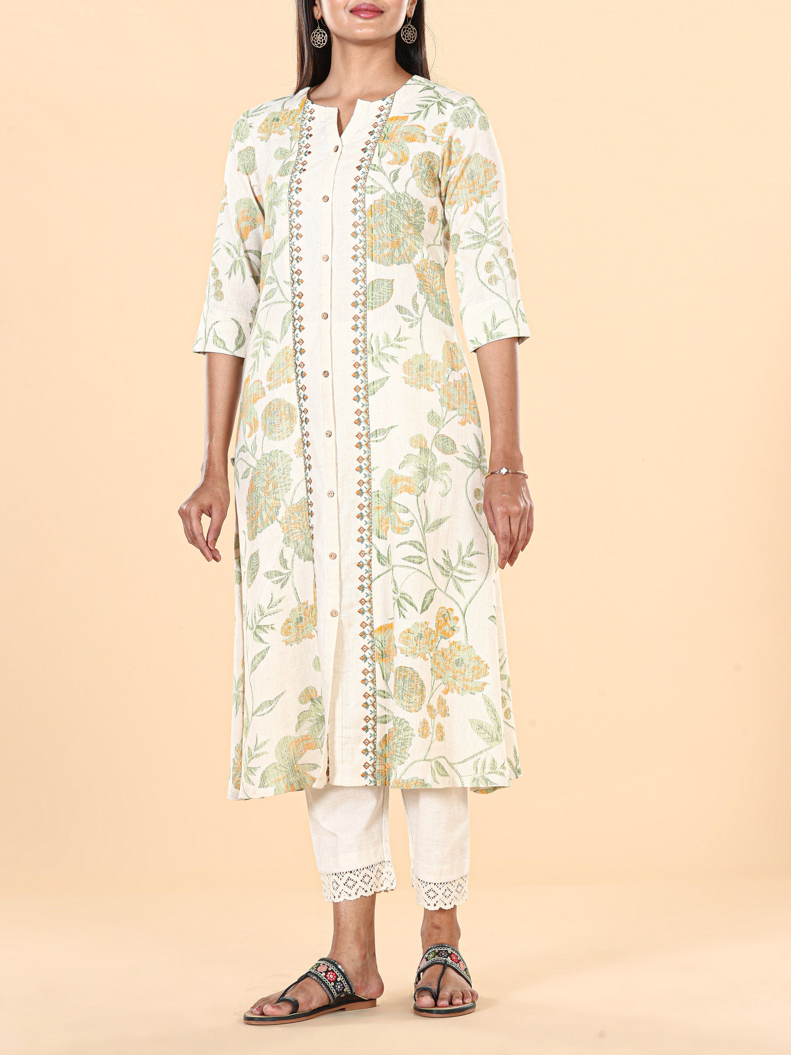 Multi Colour Cotton Flax Printed Kurti With Embroidery