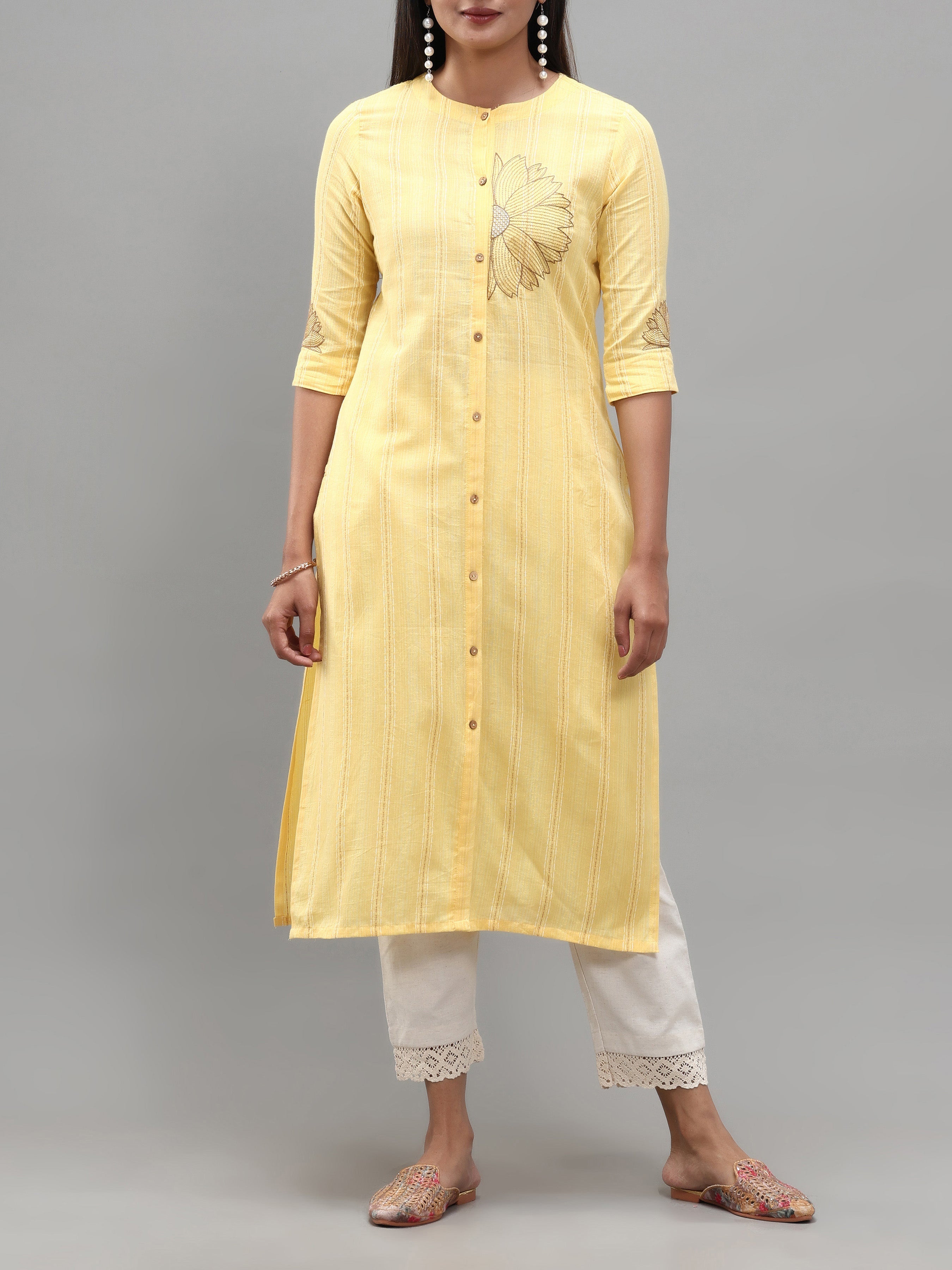 Pale Yellow Cotton Dobby Kurti With Embroidery