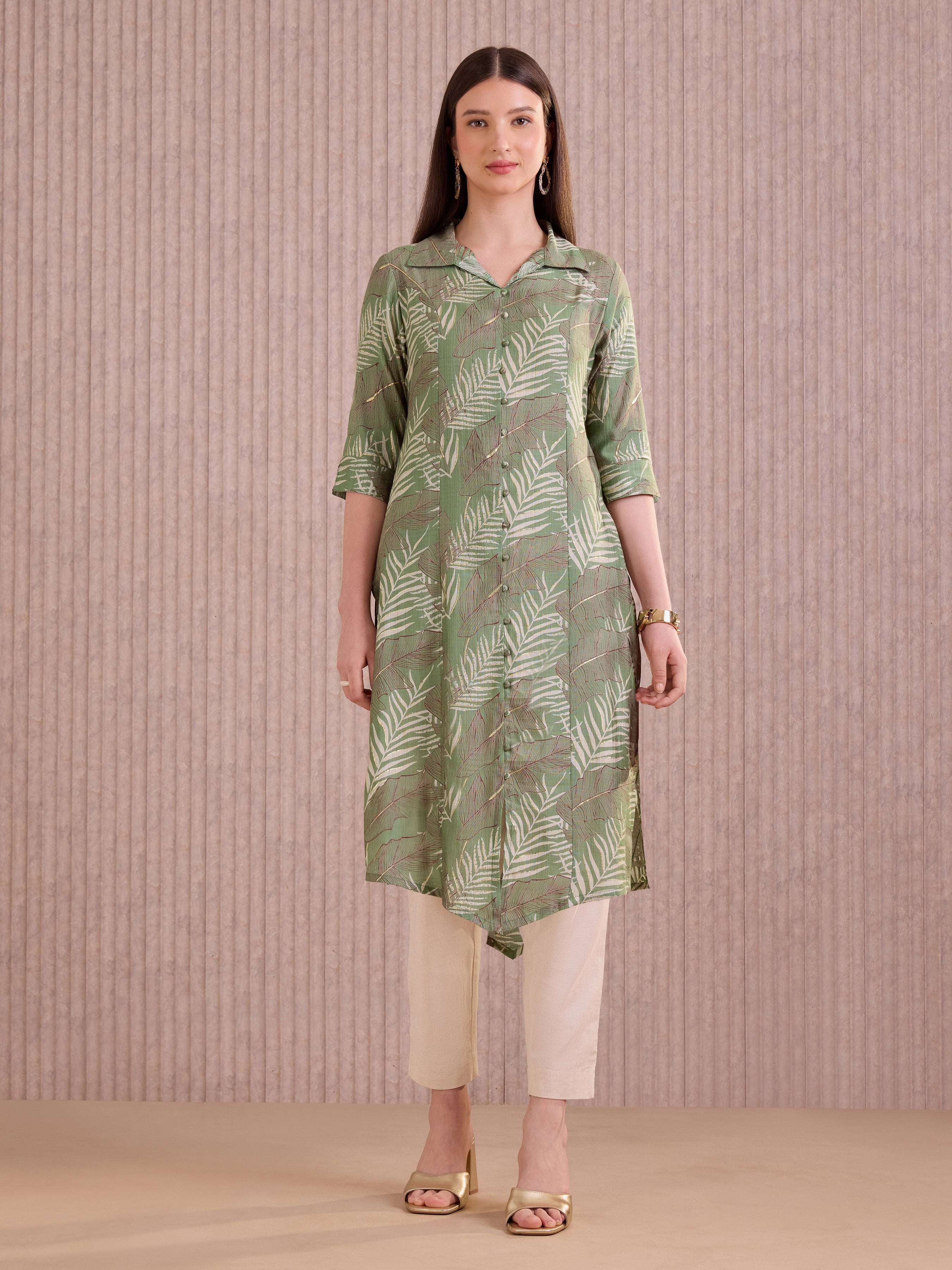 Olive Green Viscose Blend Printed Kurti