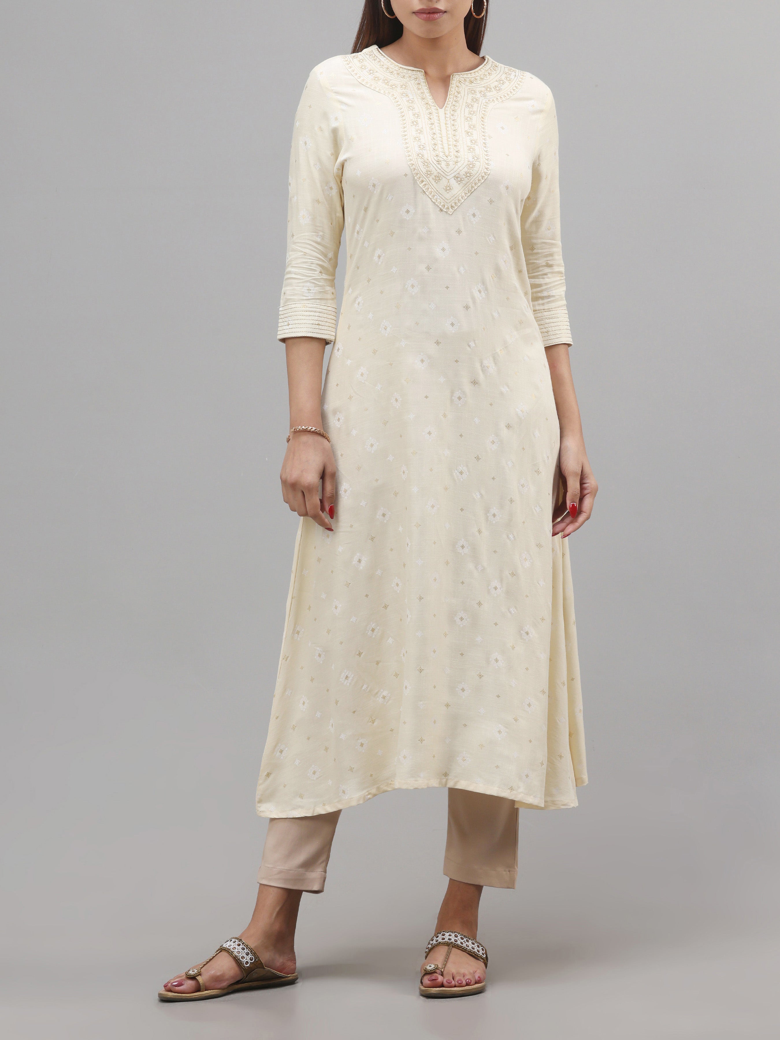 Pale Yellow Viscose Slub Kurti With Embroidery