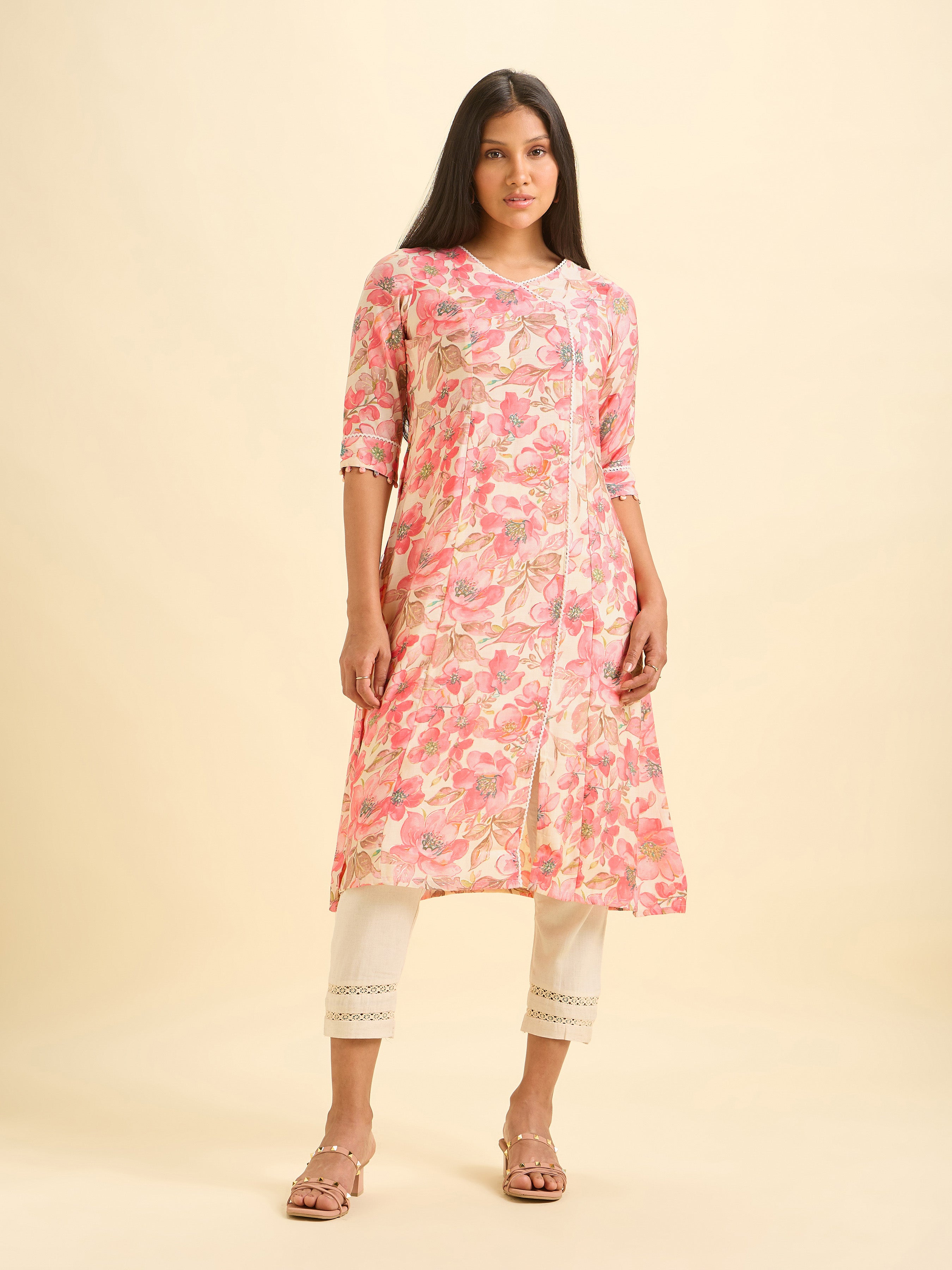 Ivory Printed Modal Chanderi Kurti With Lace