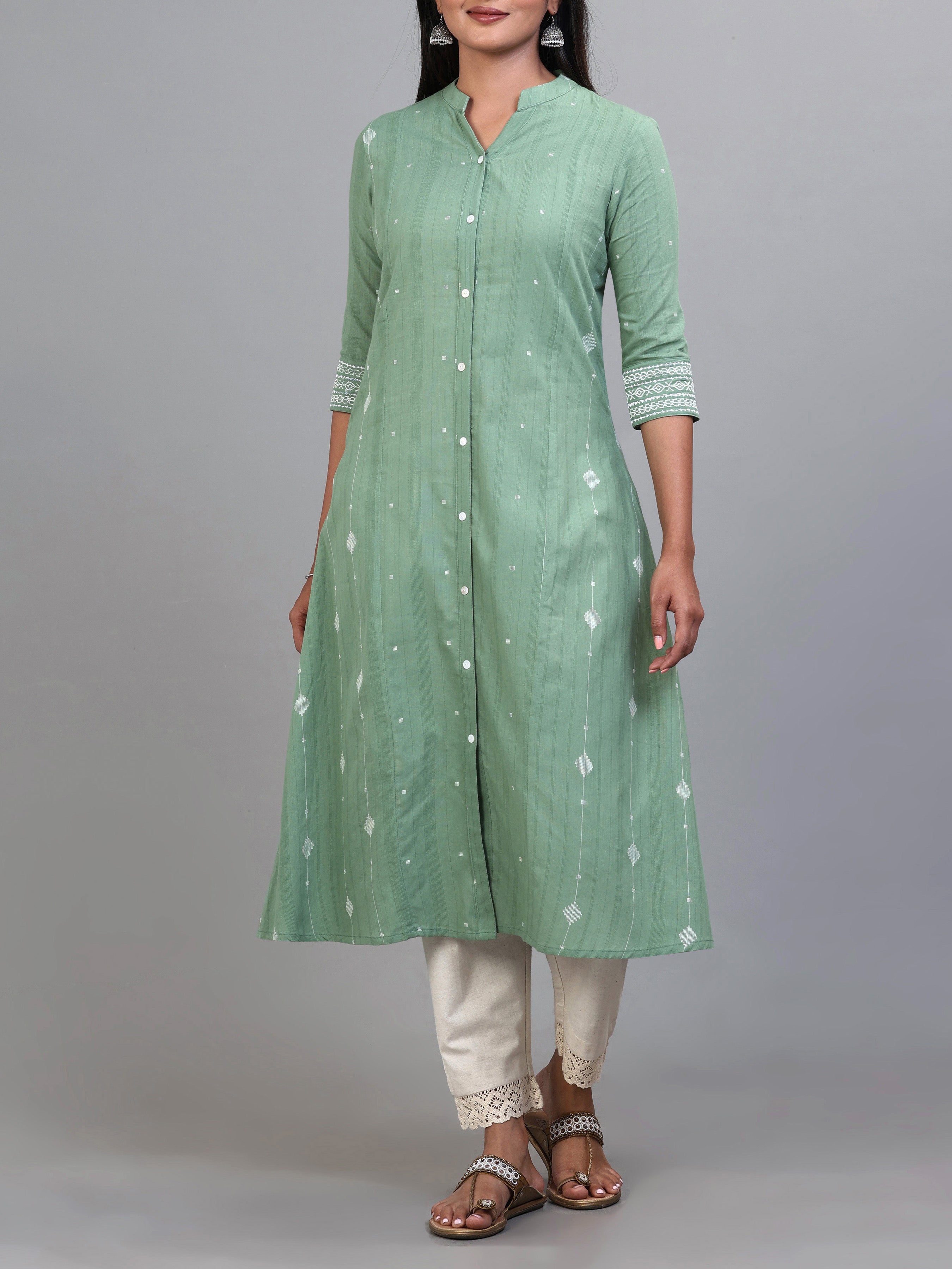 Mint Green Cotton Dobby Kurti With Embroidery