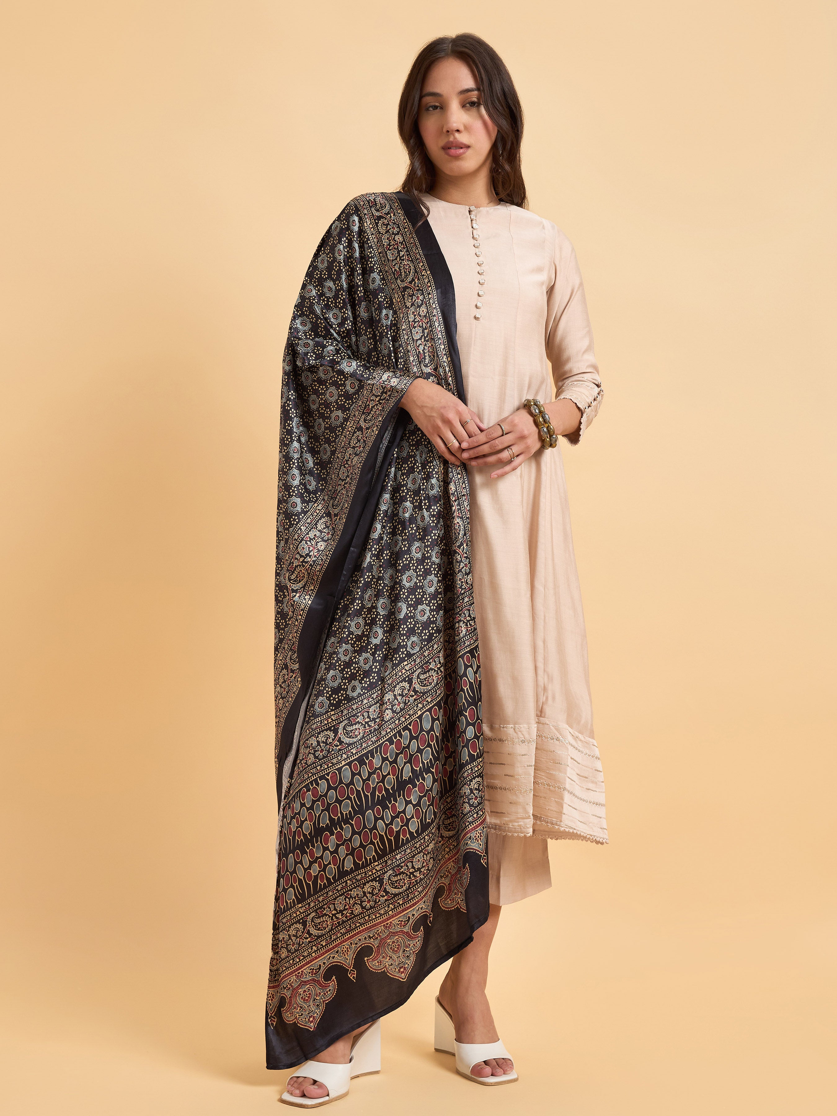 Beige Viscose Blend Kurti Set With Dupatta And Embroidery