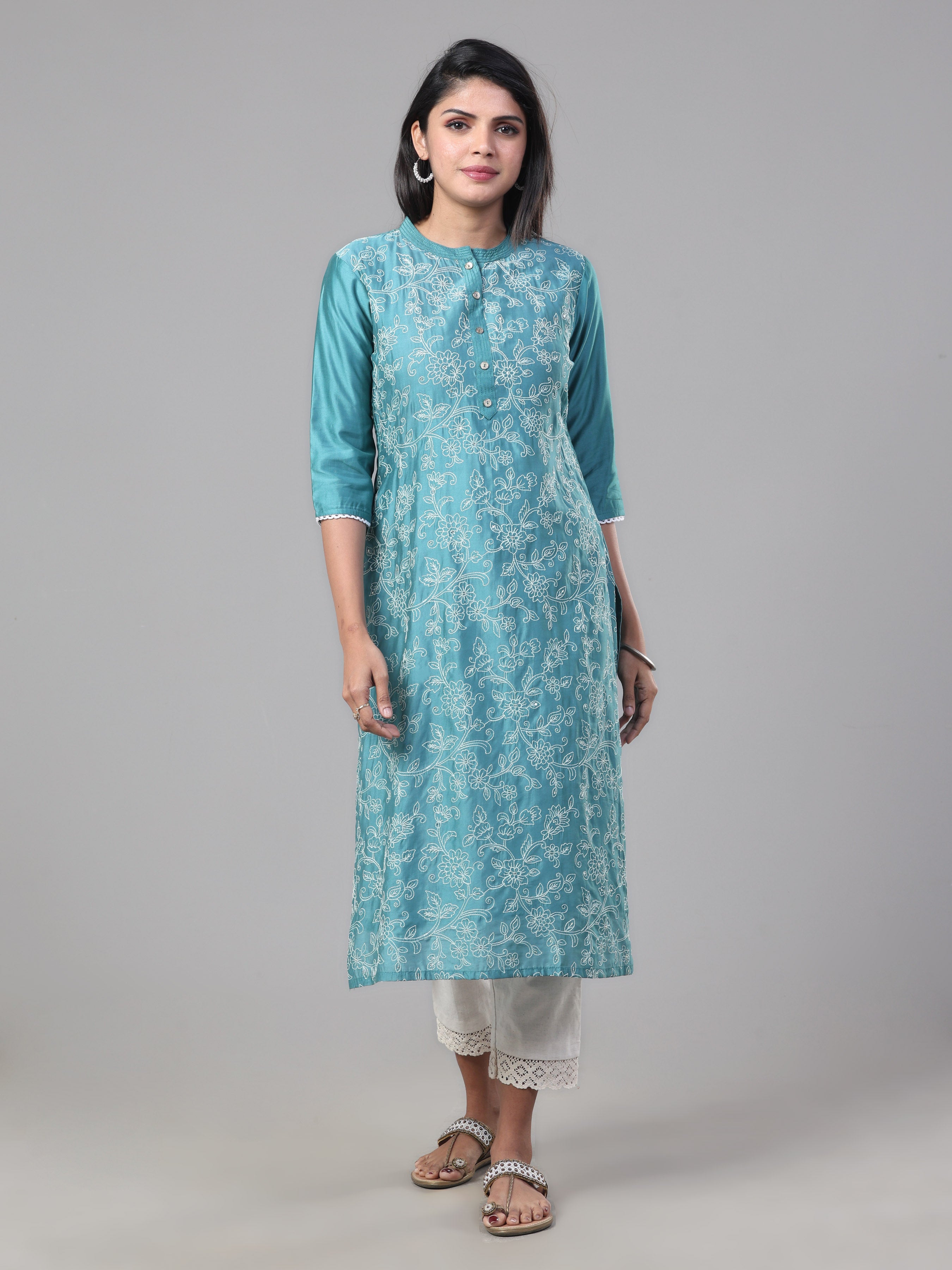 Aqua Blue Poly Viscose Kurti With Embroidery