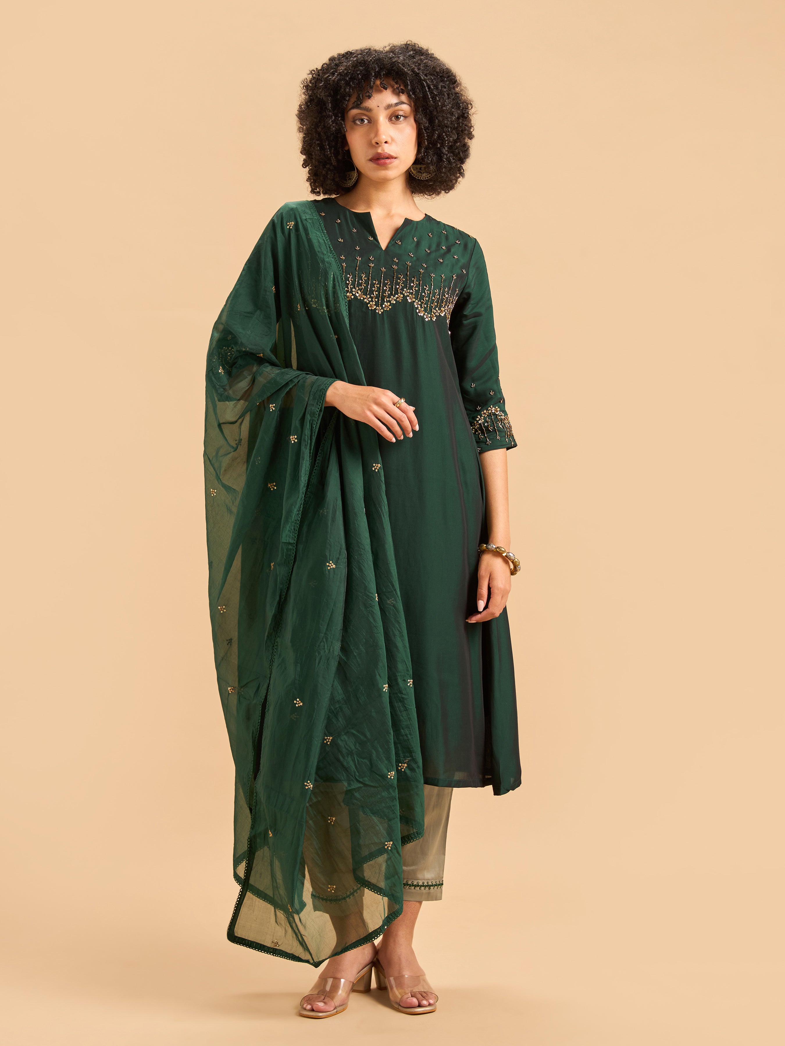Bottle Green Viscose Slub Plain Kurti Set & Dupatta With Hand Work