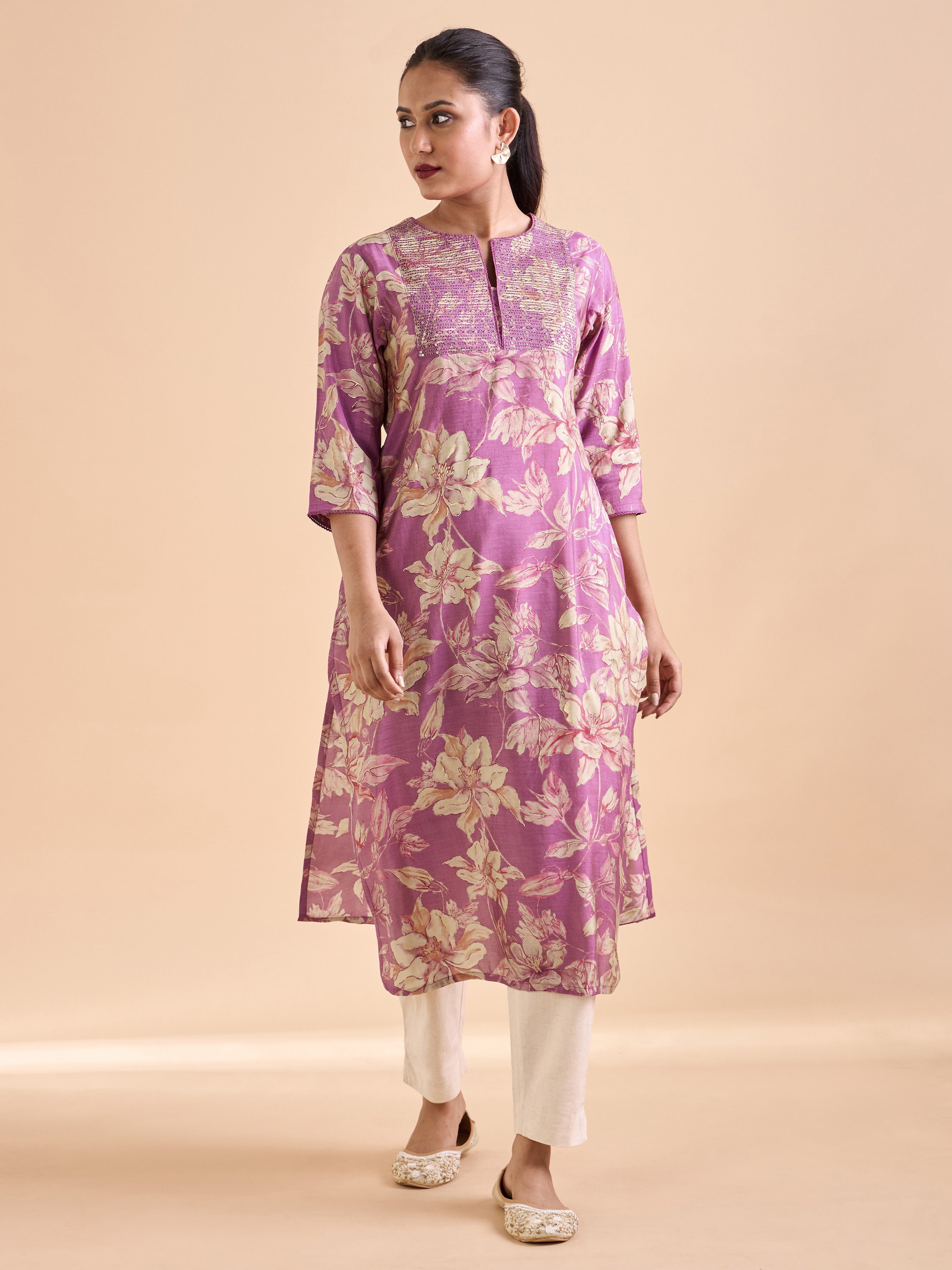 Onion Pink And Beige Modal Chanderi Printed Kurti With Seequins Work