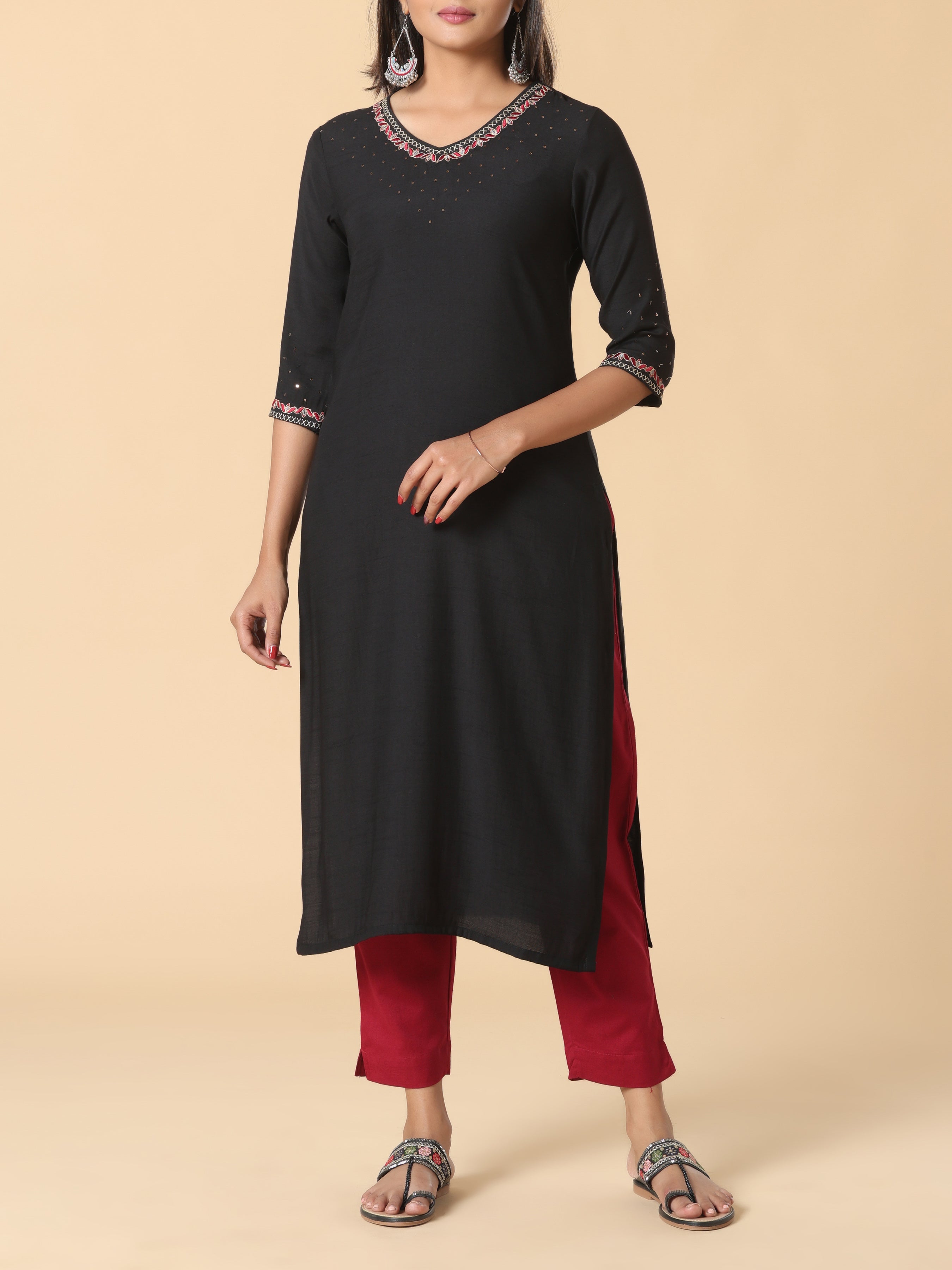 Black Viscose Plain Kurti With Embroidery