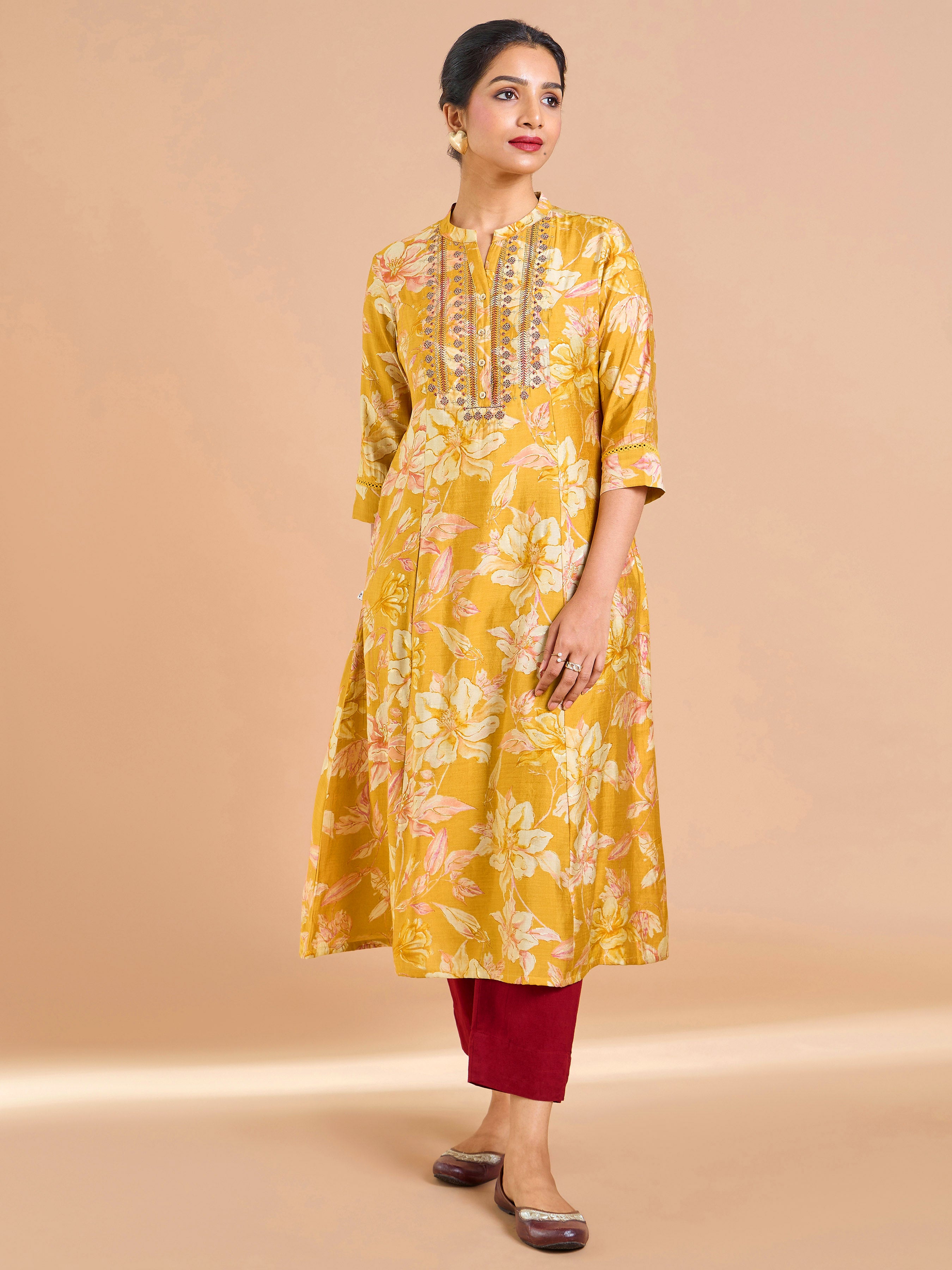 Mustard Yellow Modal Chanderi Printed Kurti With Embroidery