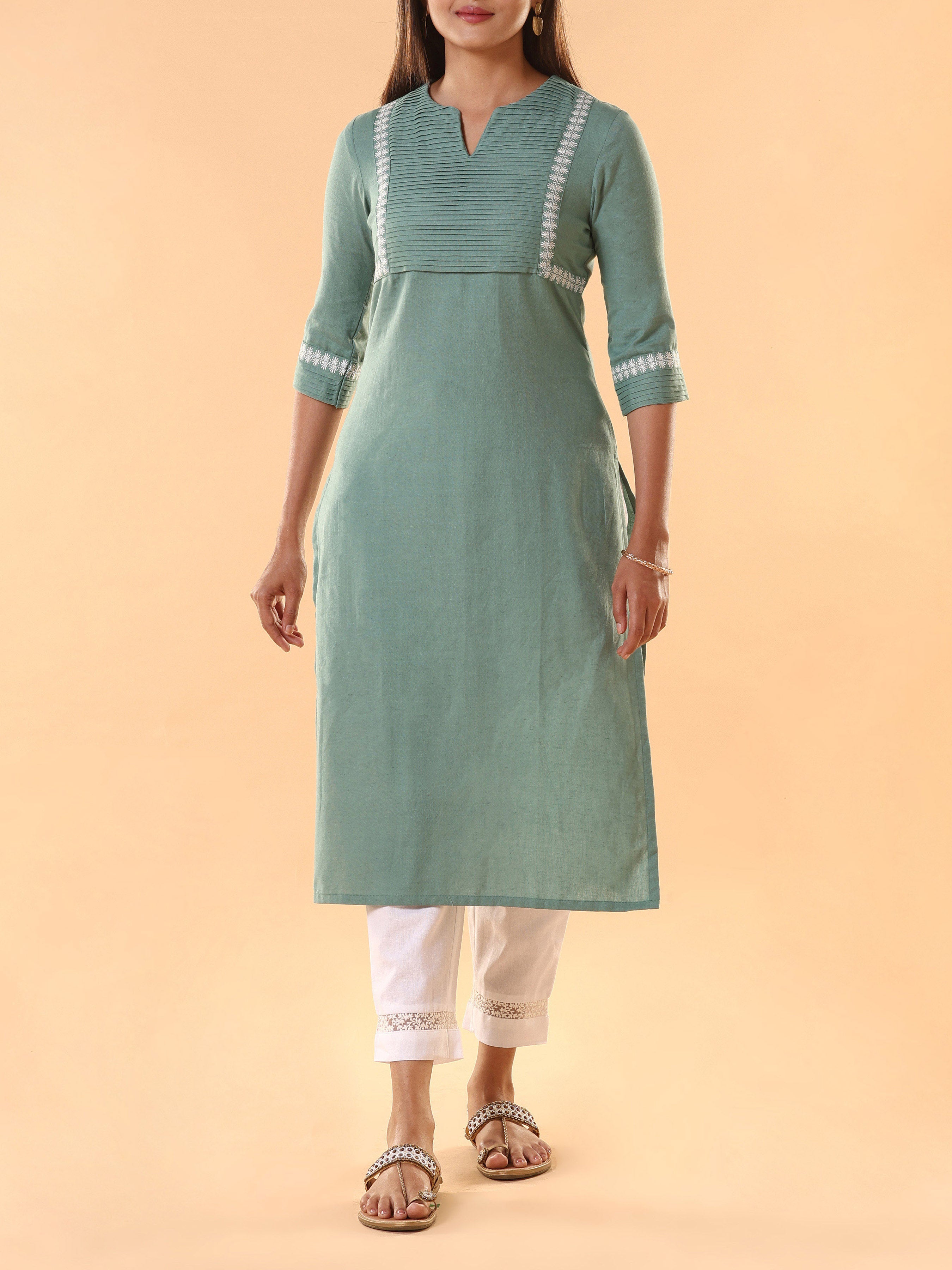 Sage Green Cotton Flax Plain Kurti With Embroidery