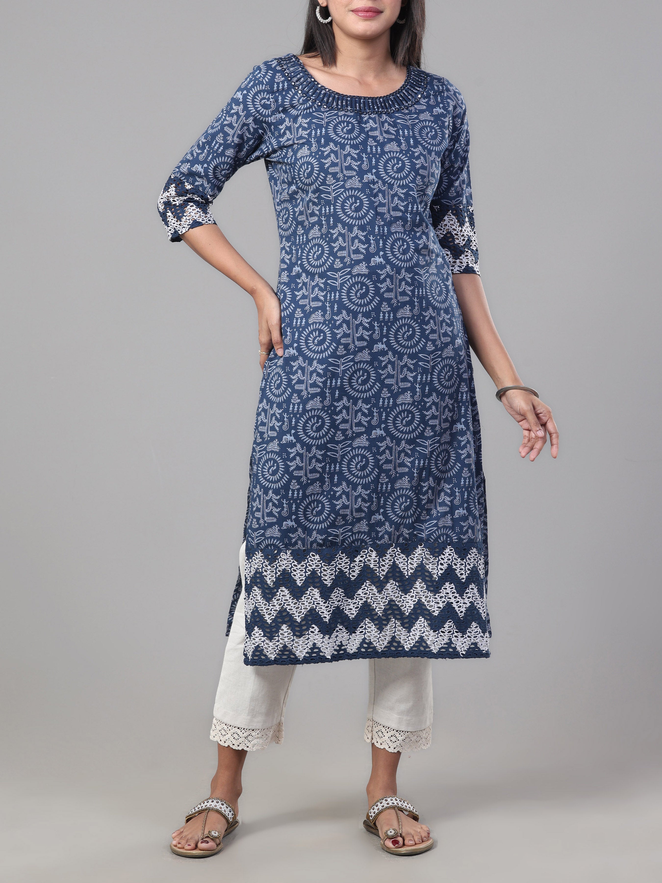 Navy Blue Pure Cotton Printed Kurti With Mirror Work