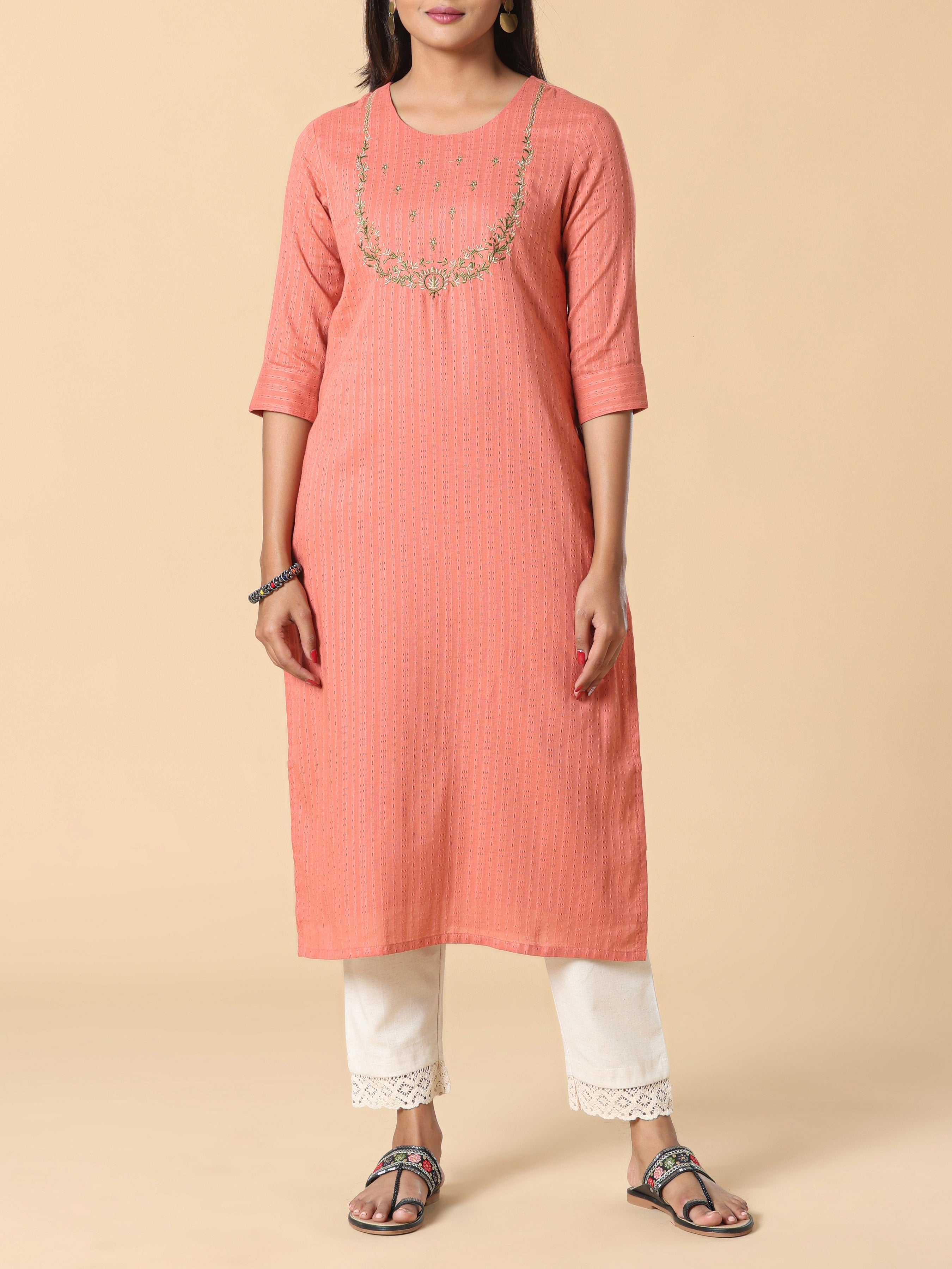 Brick Red Cotton Dobby Kurti With Embroidery