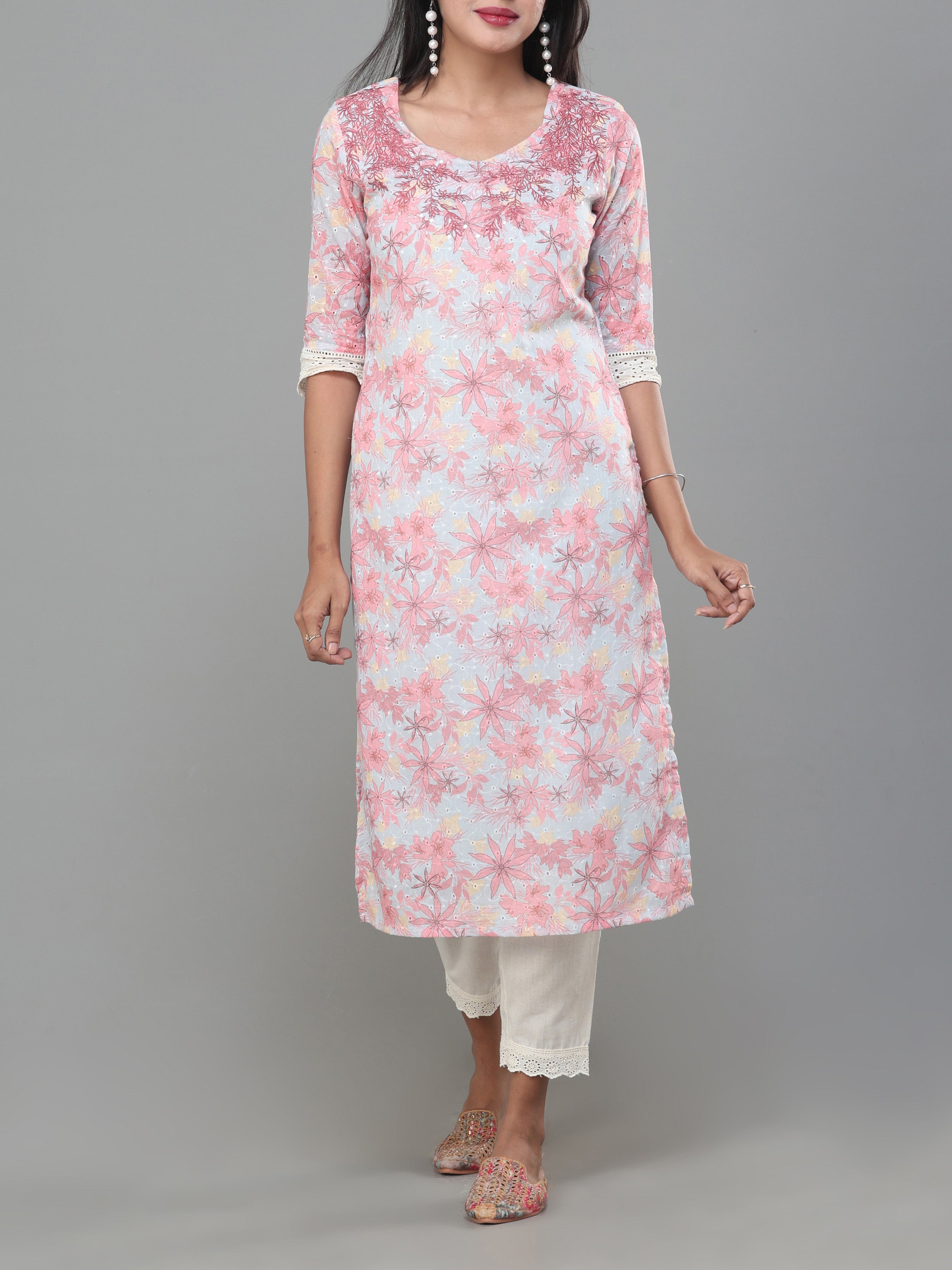 Multi Colour Poly Cotton Schiffli Printed Kurti With Embroidery And Matching Bottom