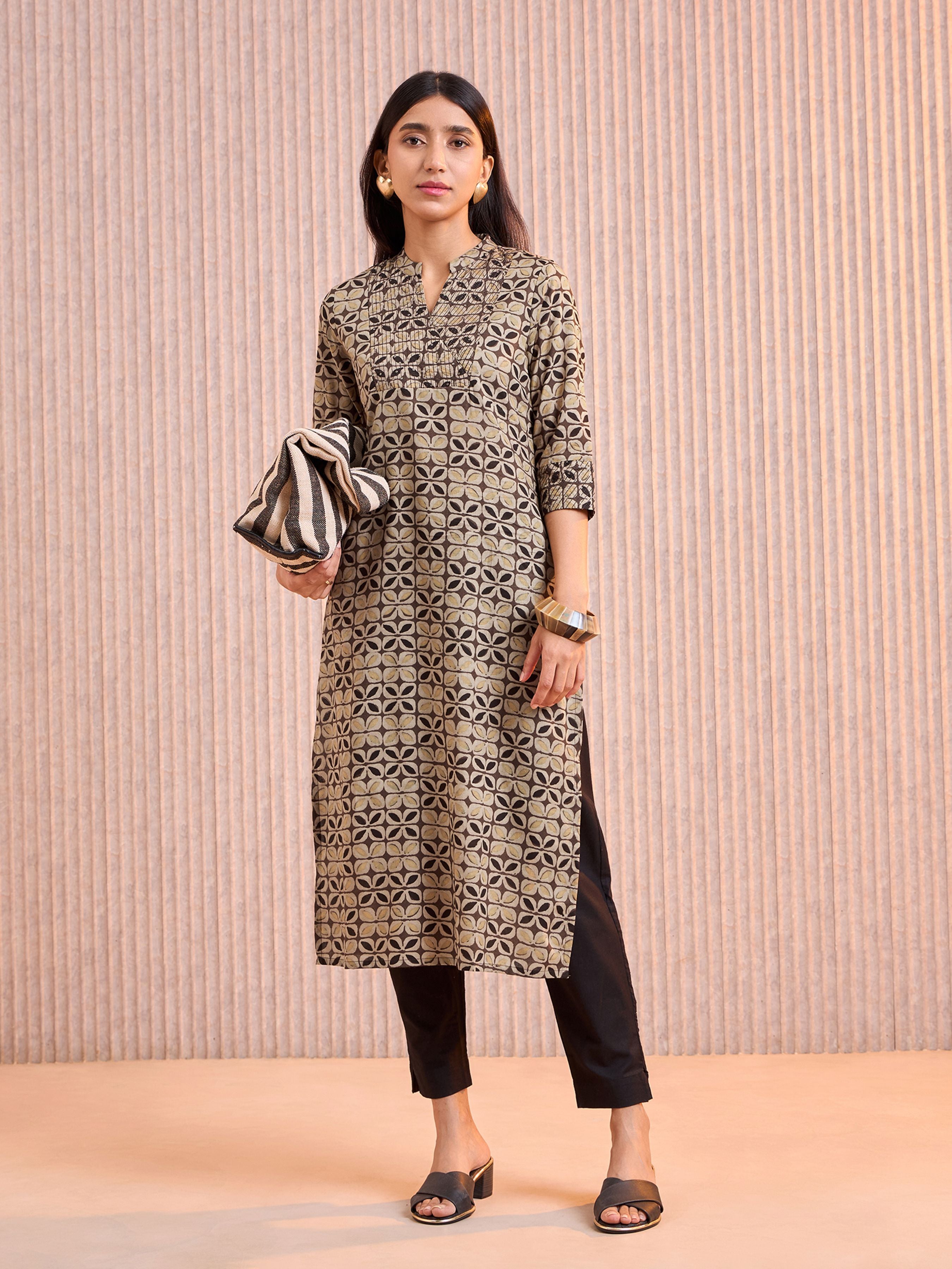 Coffee Brown Pure Cotton Printed Kurti With Sequins Embroidery Work