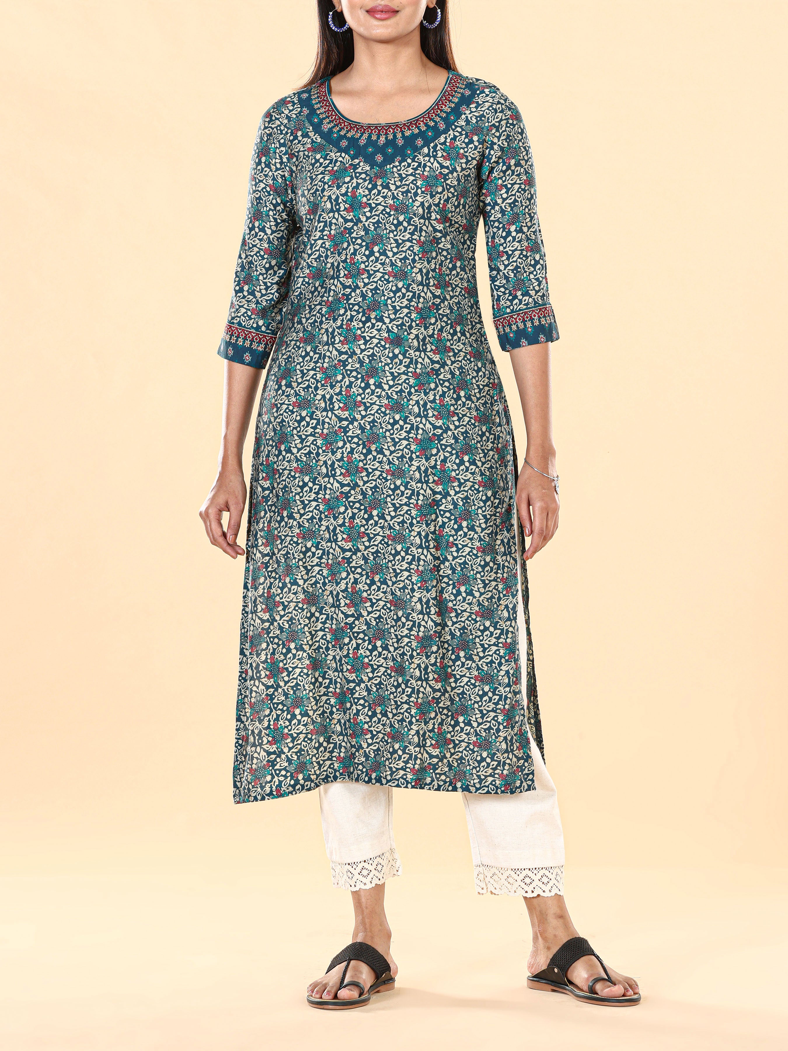 Teal Blue Modal Chanderi Printed Kurti With Embroidery
