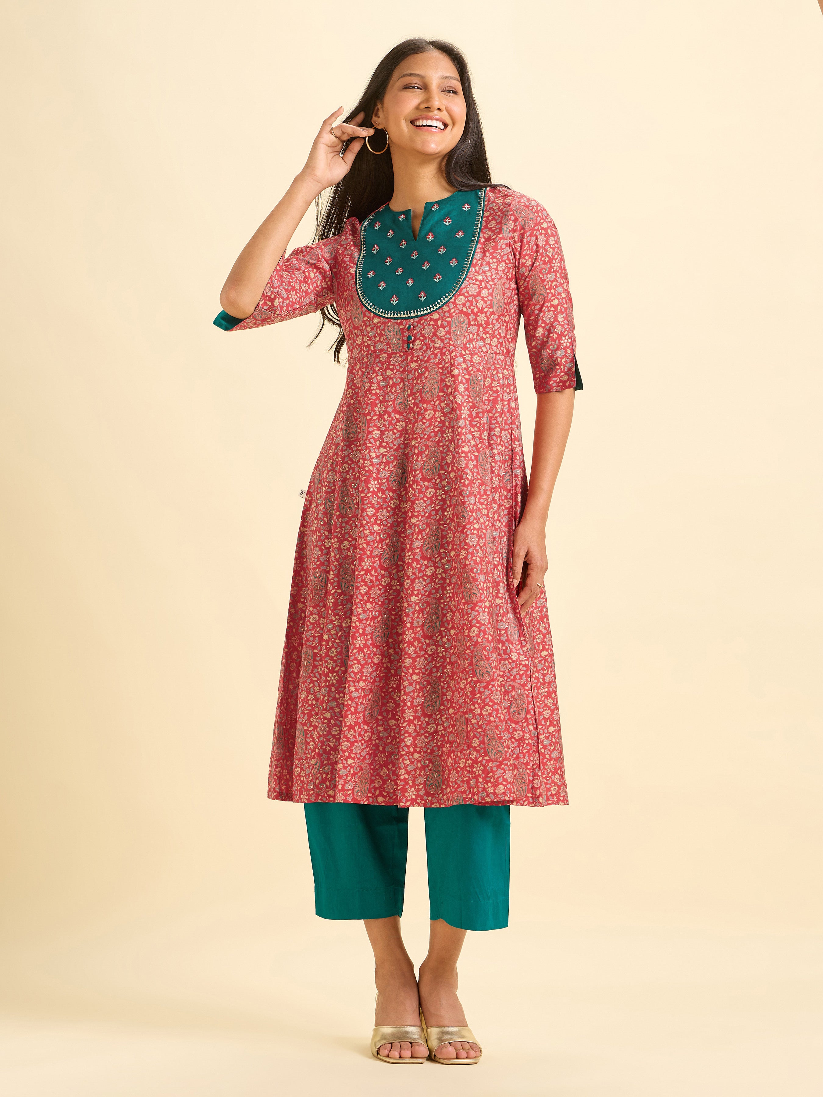 Red Modal Chanderi Kali Cut Kurti Set With Embroidery Sequins Work