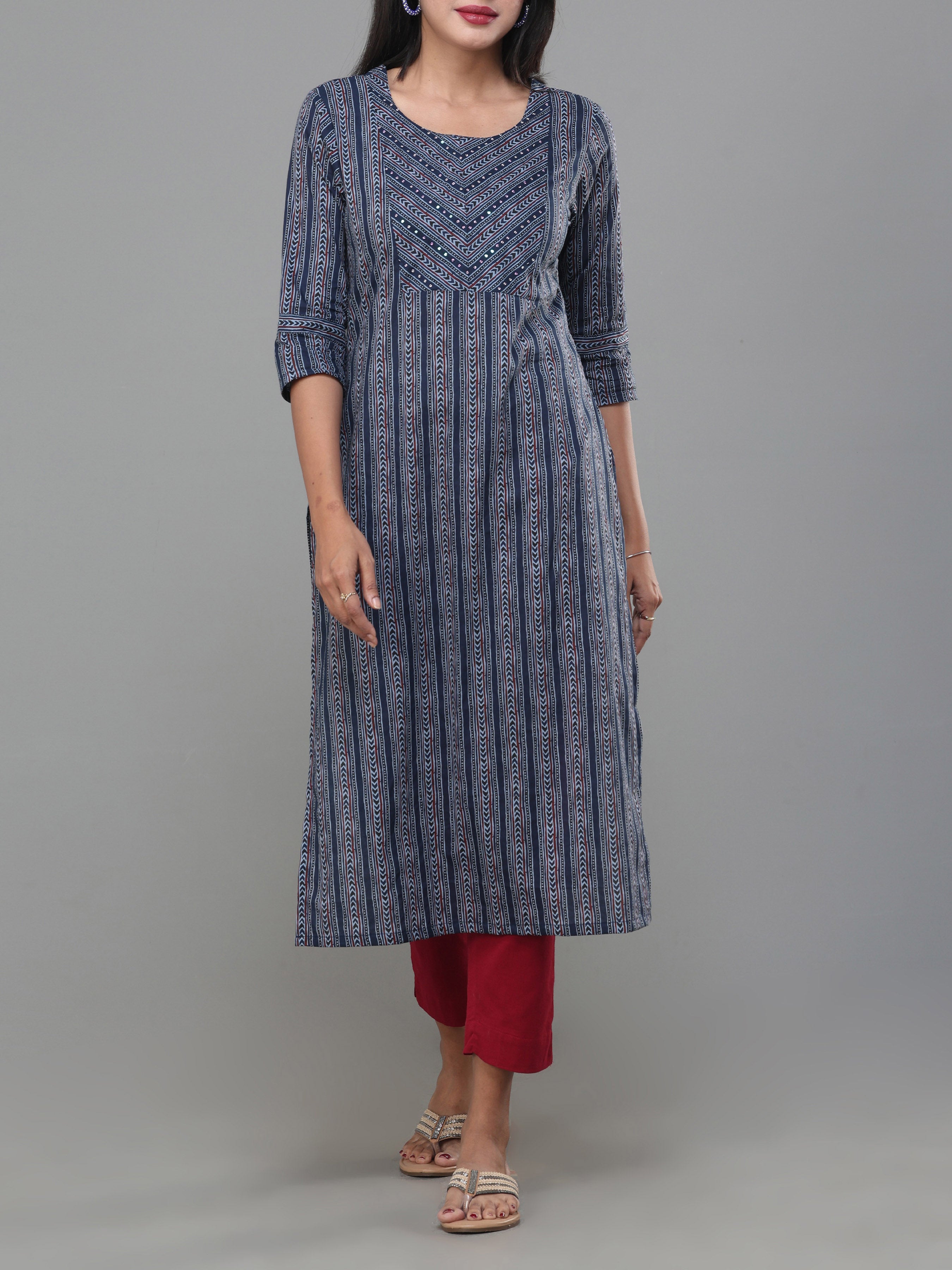 Navy Blue Pure Cotton Printed Kurti With Seequins Work