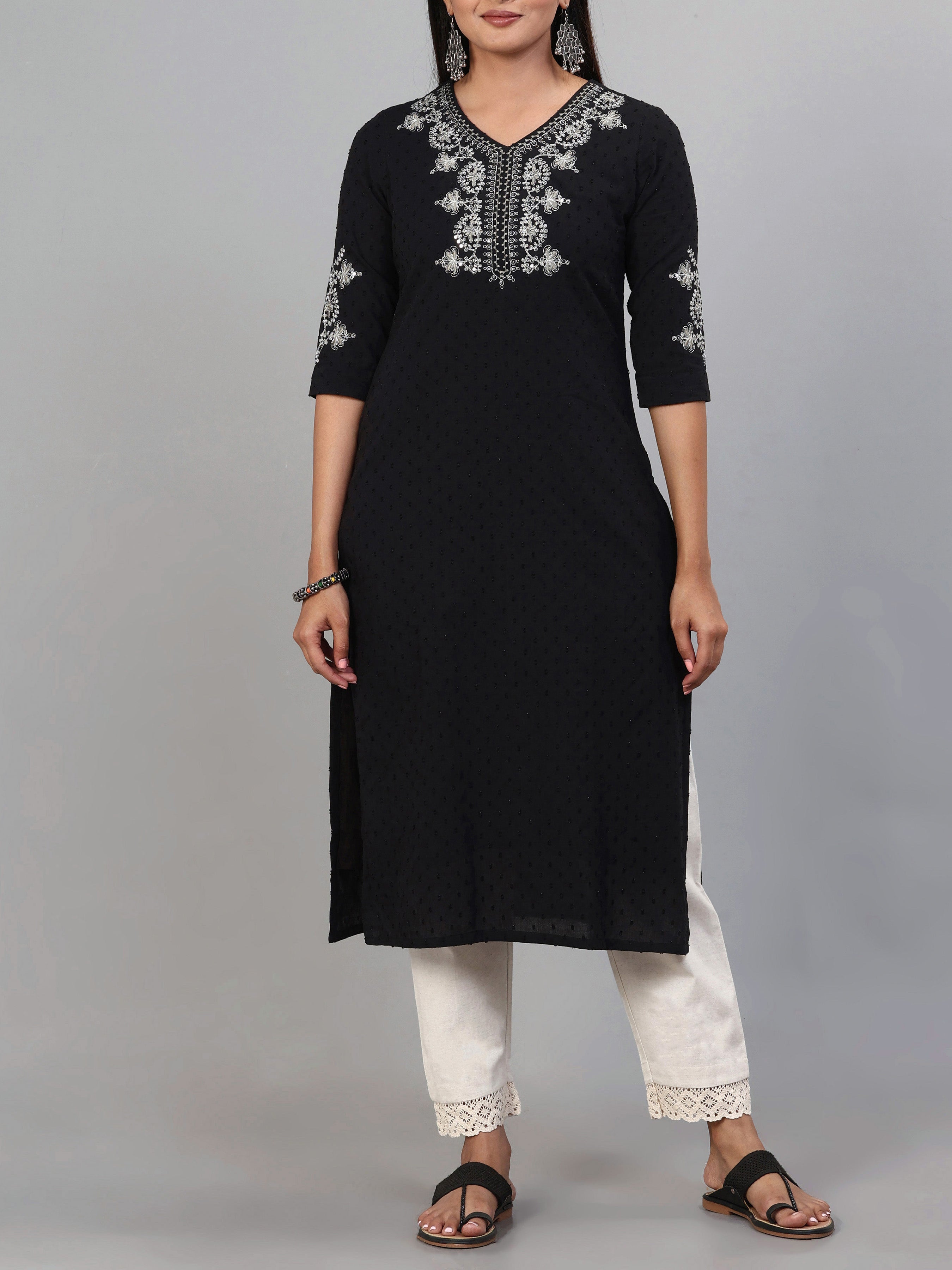 Black Cotton Dobby Kurti With Embroidery