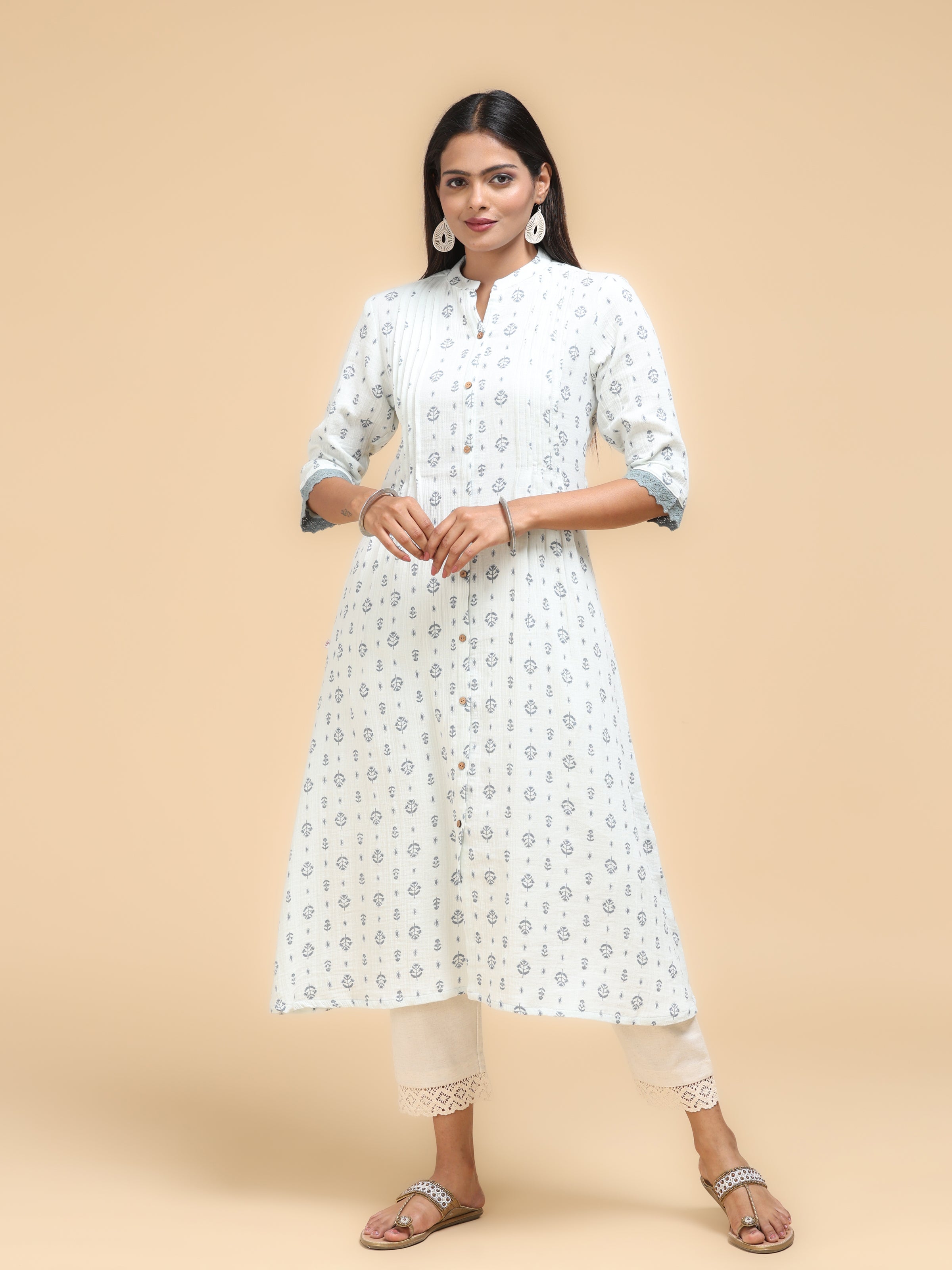 Off White Cotton Printed Kurti With Lace Detailing