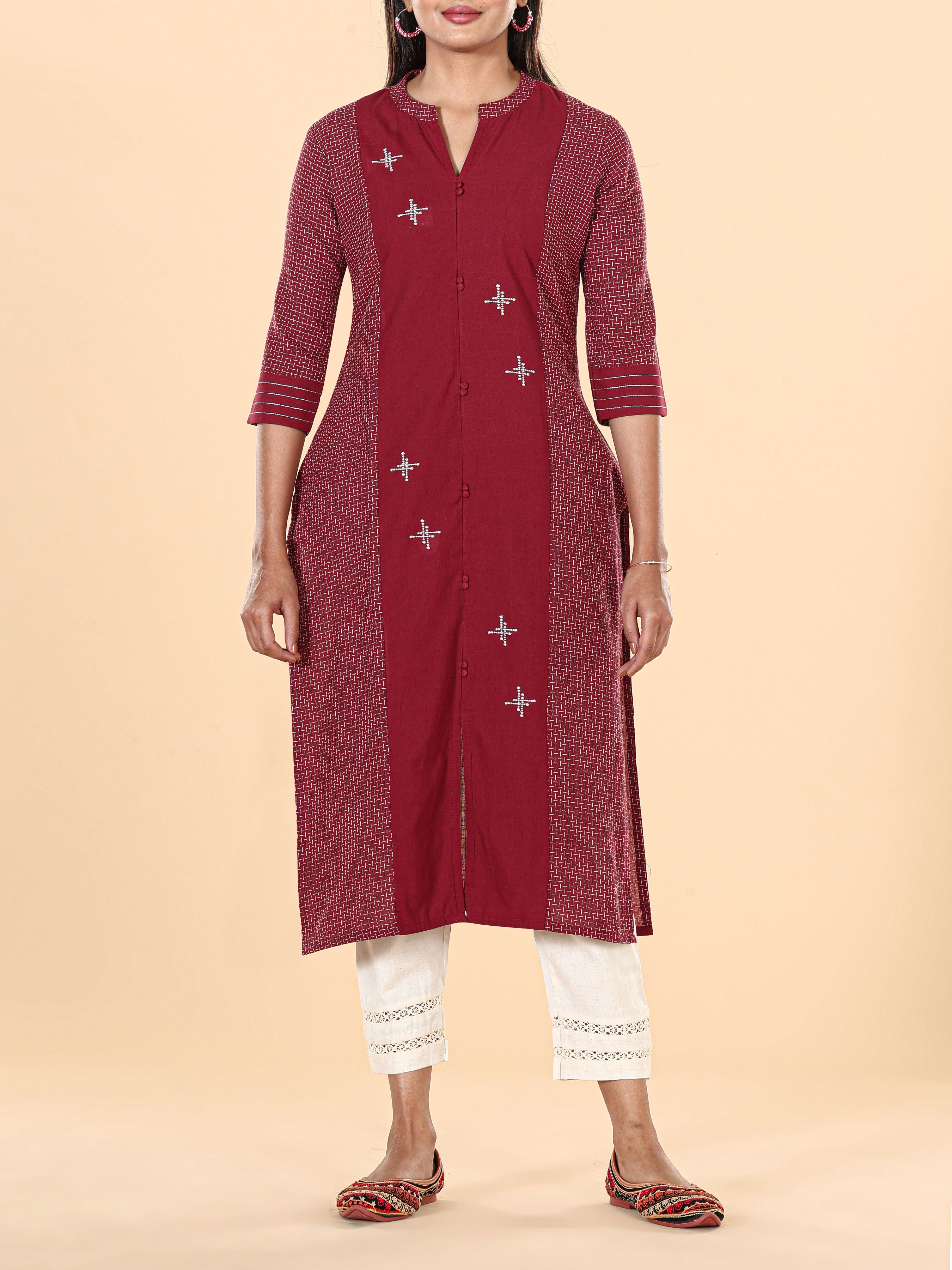 Maroon Cotton Dobby Kurti With Embroidery