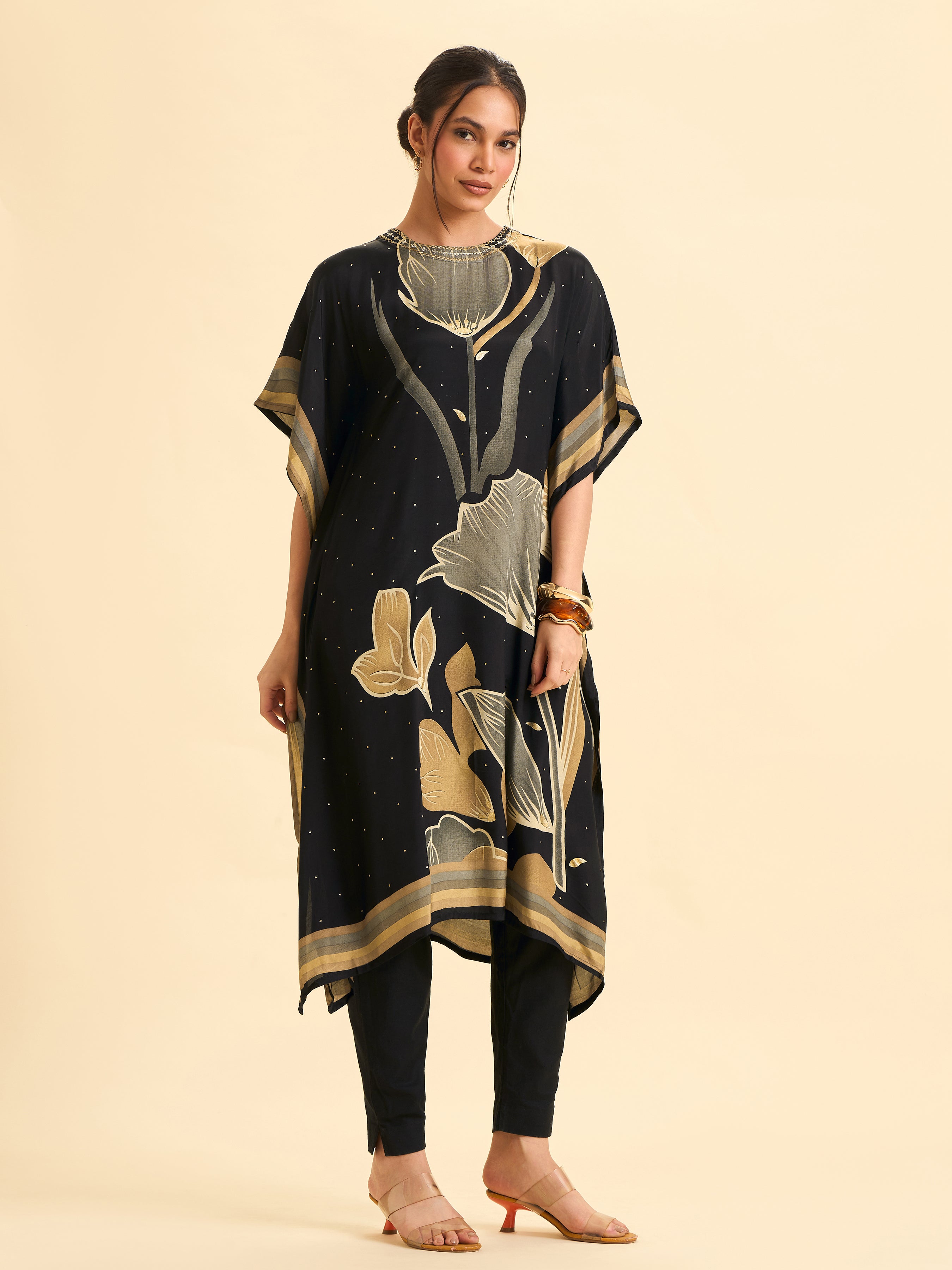 Black Modal Satin Printed Kaftan Kurti With Sequins Embroidery