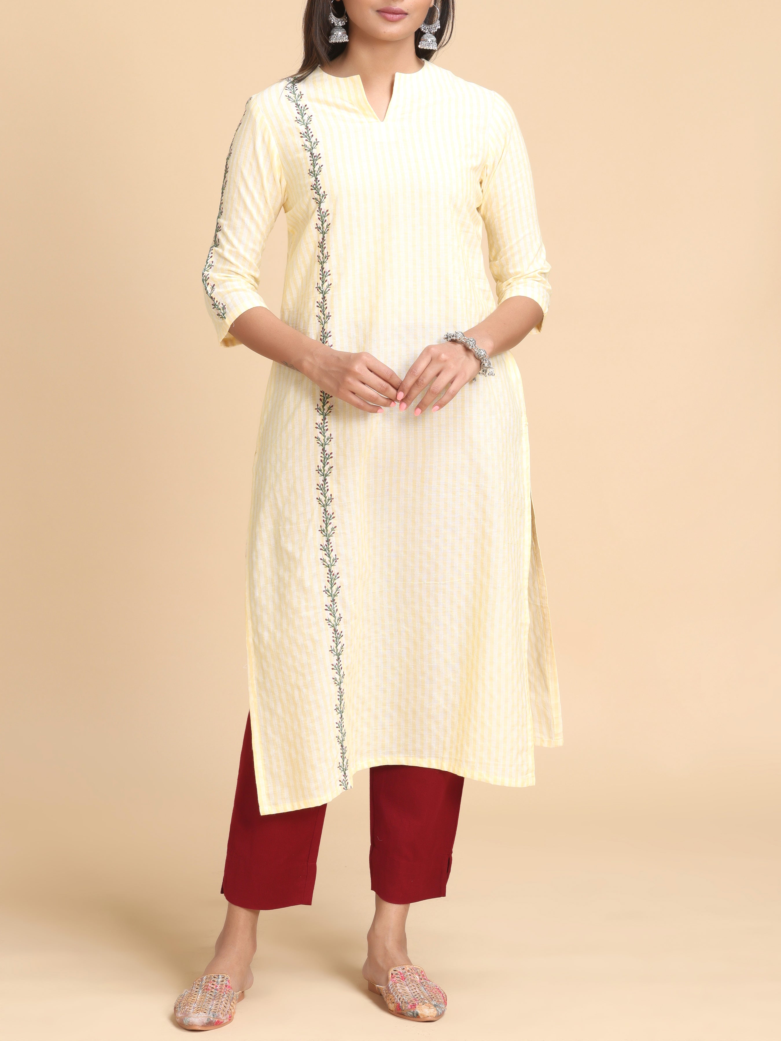 Pale Yellow Cotton Dobby Kurti With Embroidery