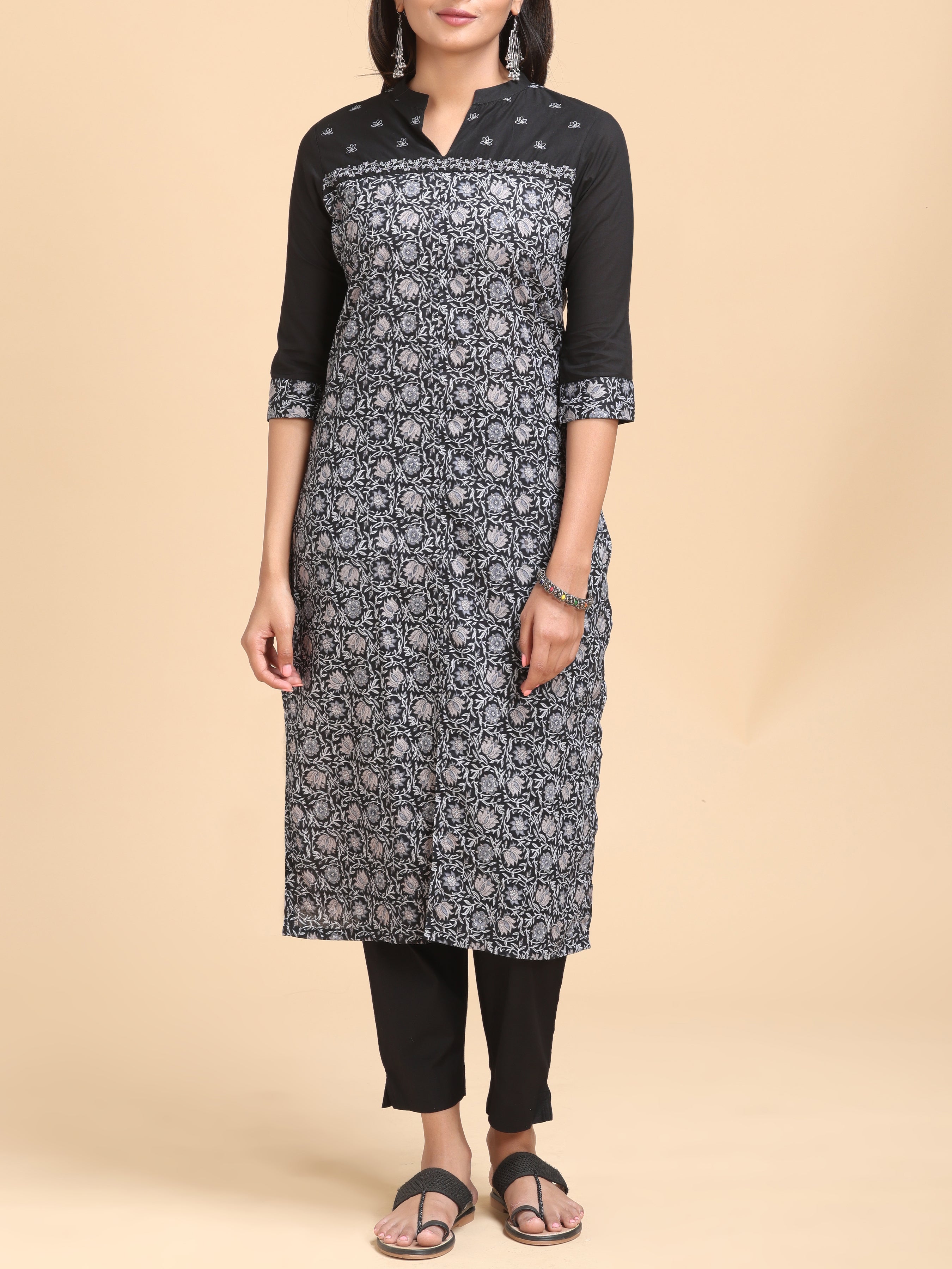 Black Pure Cotton Printed Kurti