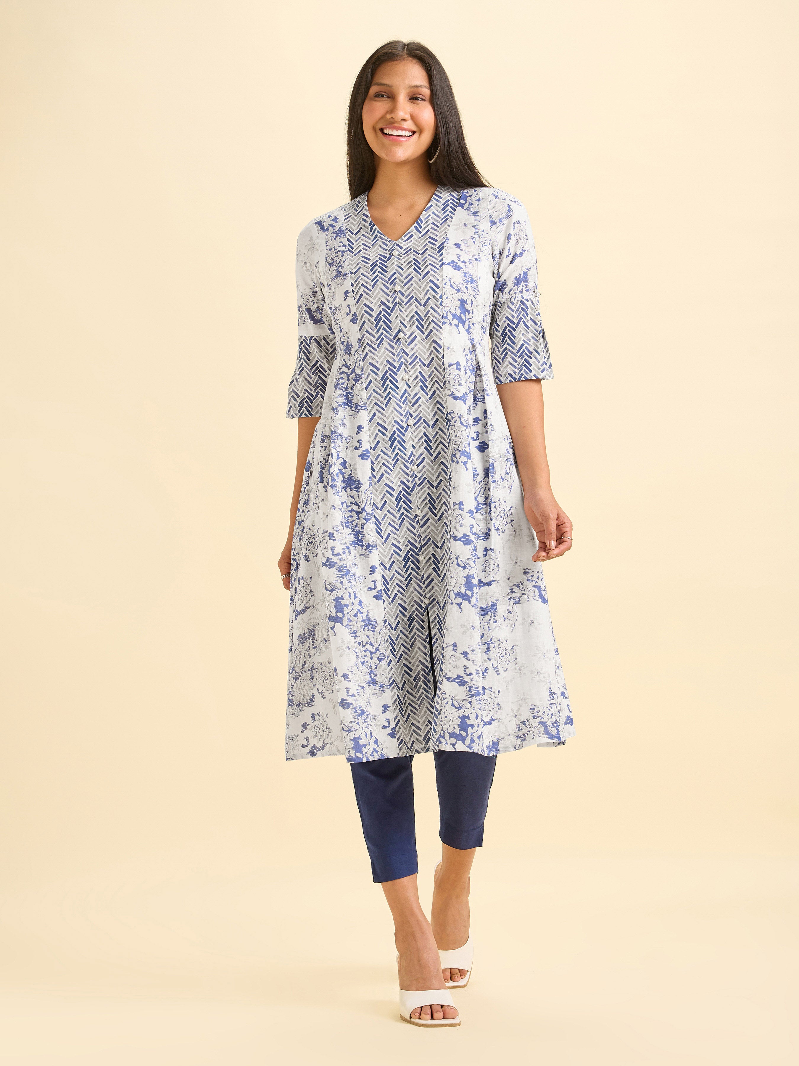 White Blue Cotton Slub Flared Center Panel And Center Cut Kurti