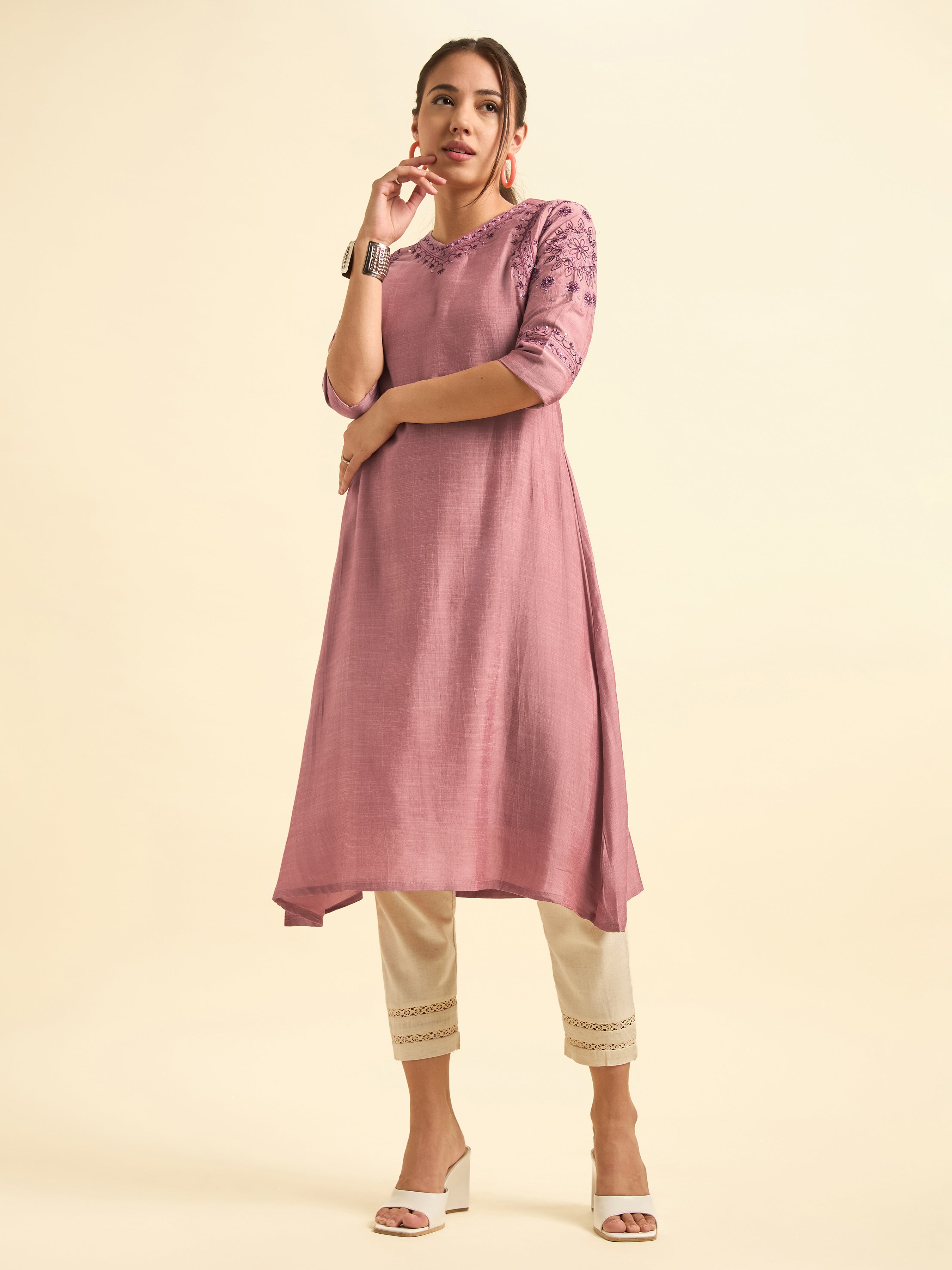 Onion Pink Viscose Blend Plain Flared Kurti Set With Embroidery And Sequins Work