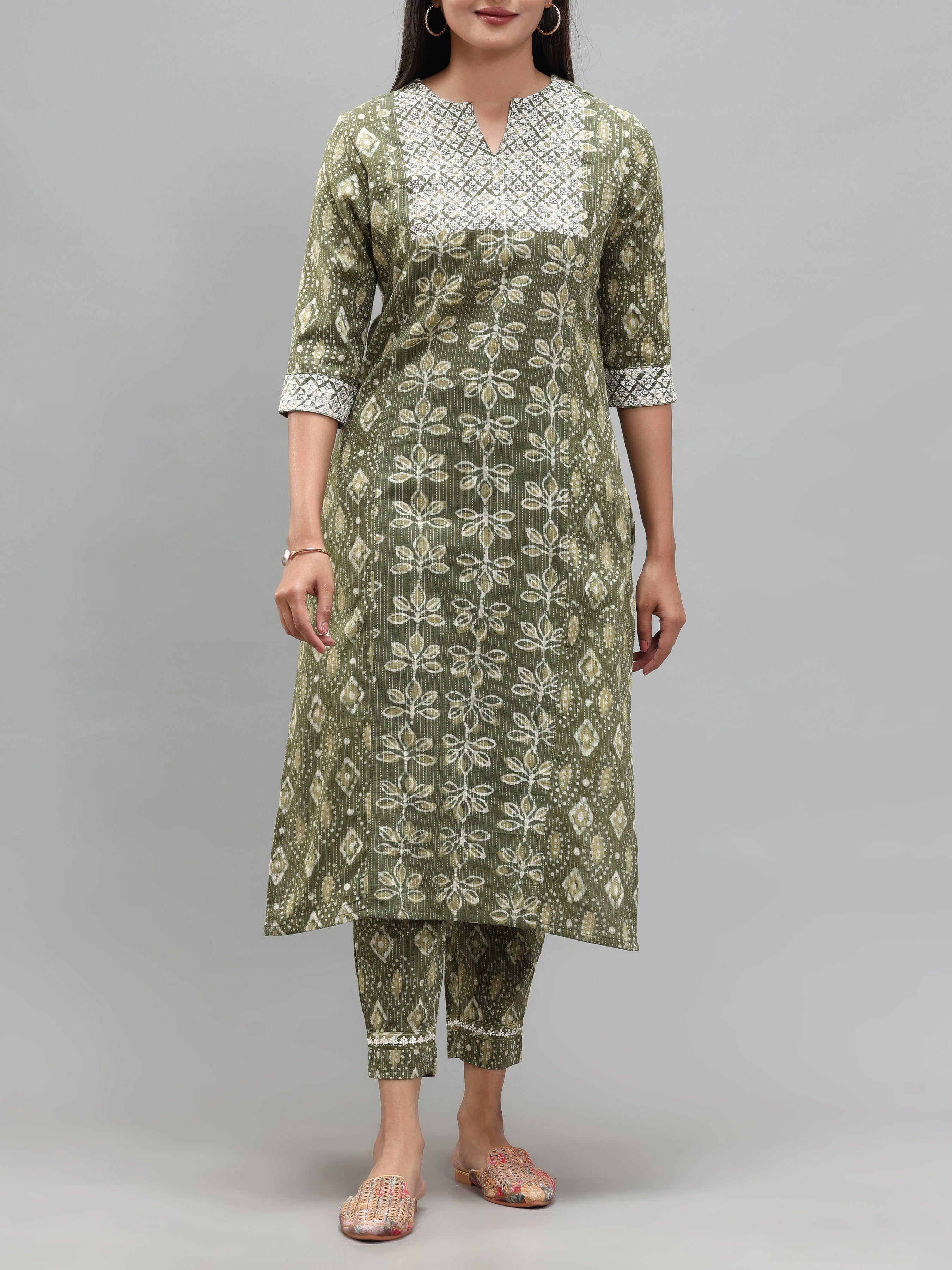 Olive Green Pure Cotton Printed Kurti With Embroidery And Matching Bottom