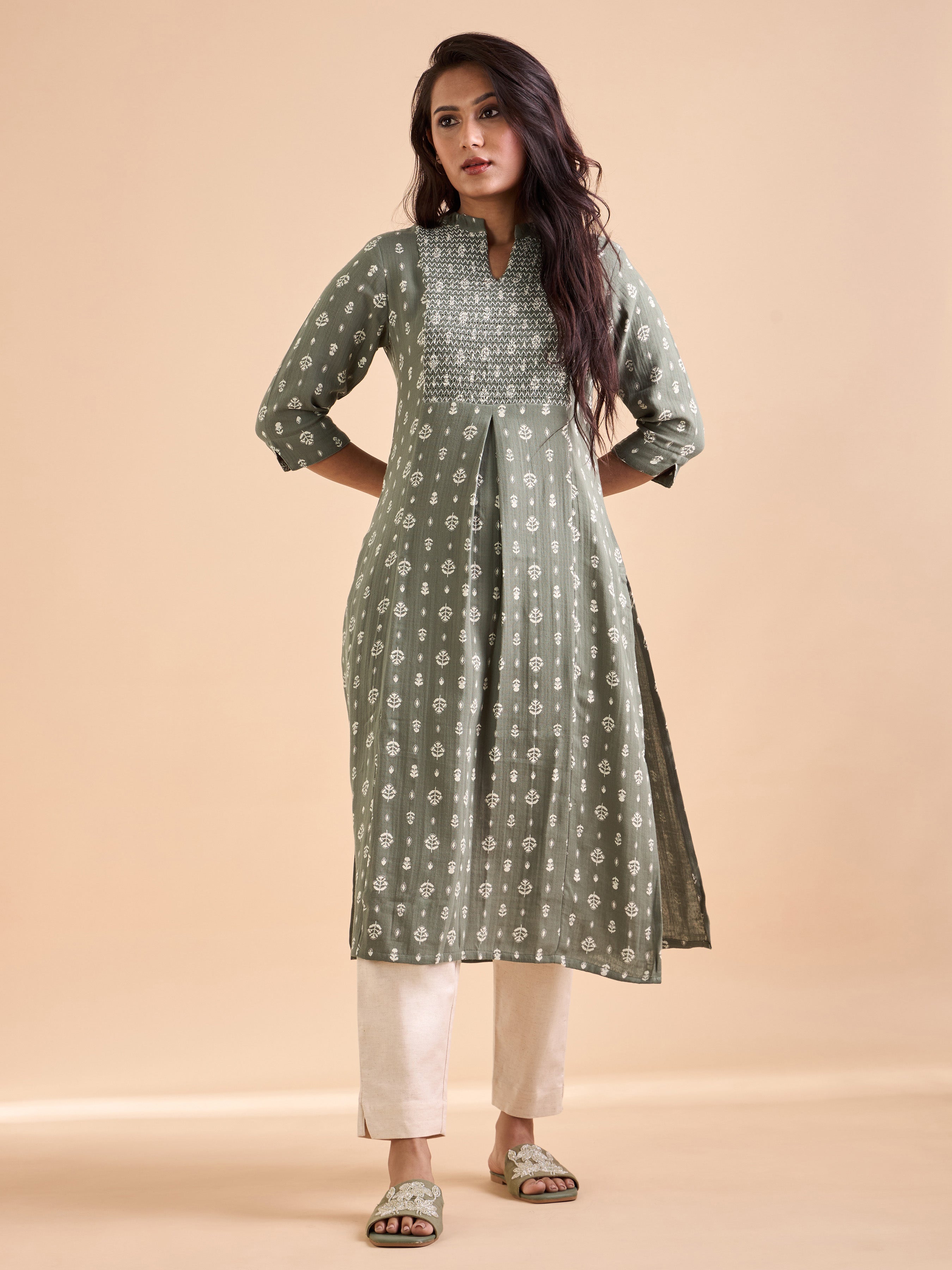 Olive Green Pure Cotton Double Cloth Printed Kurti With Smocking