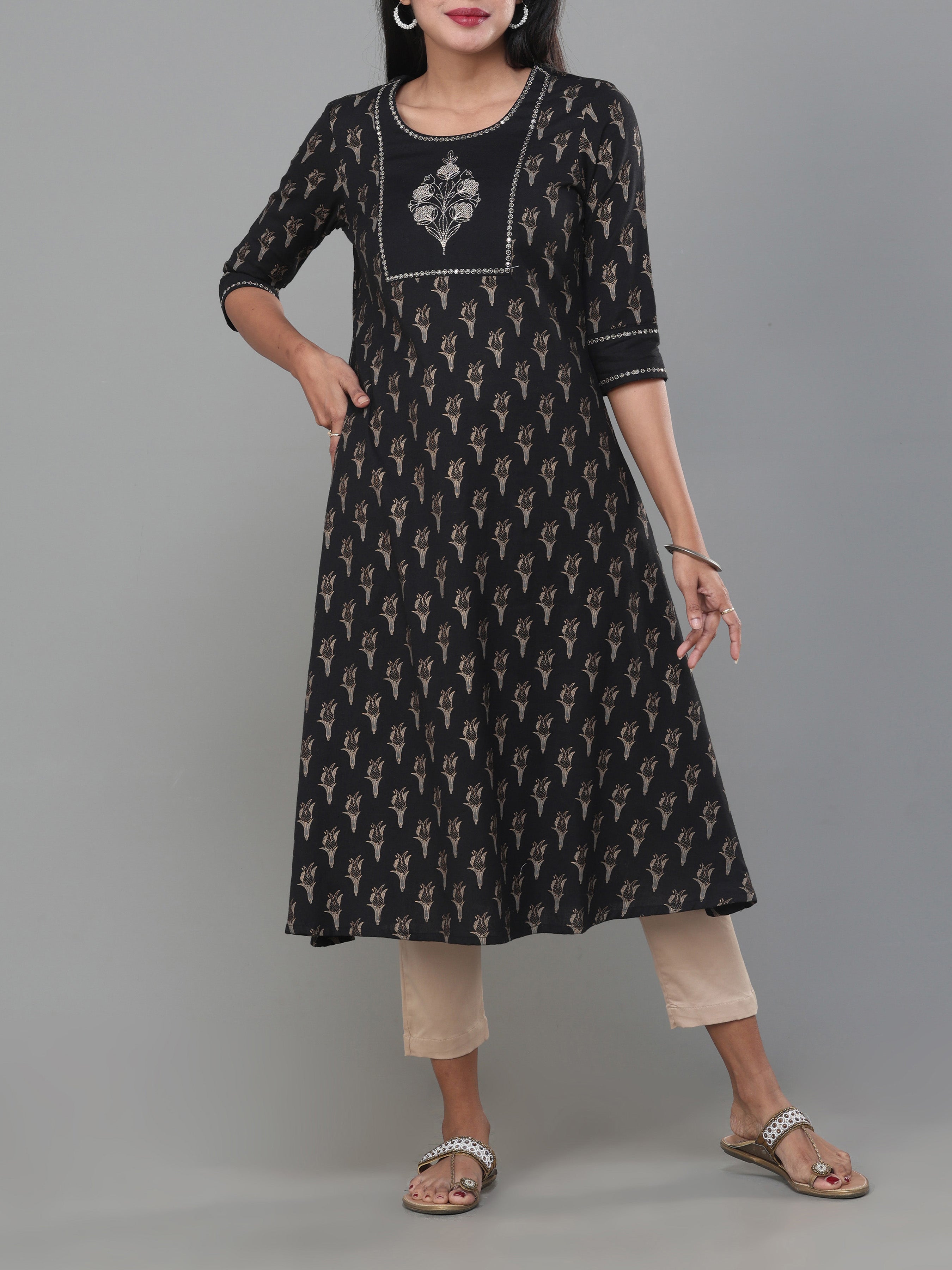 Black Cotton Flax Printed Kurti With Embroidery