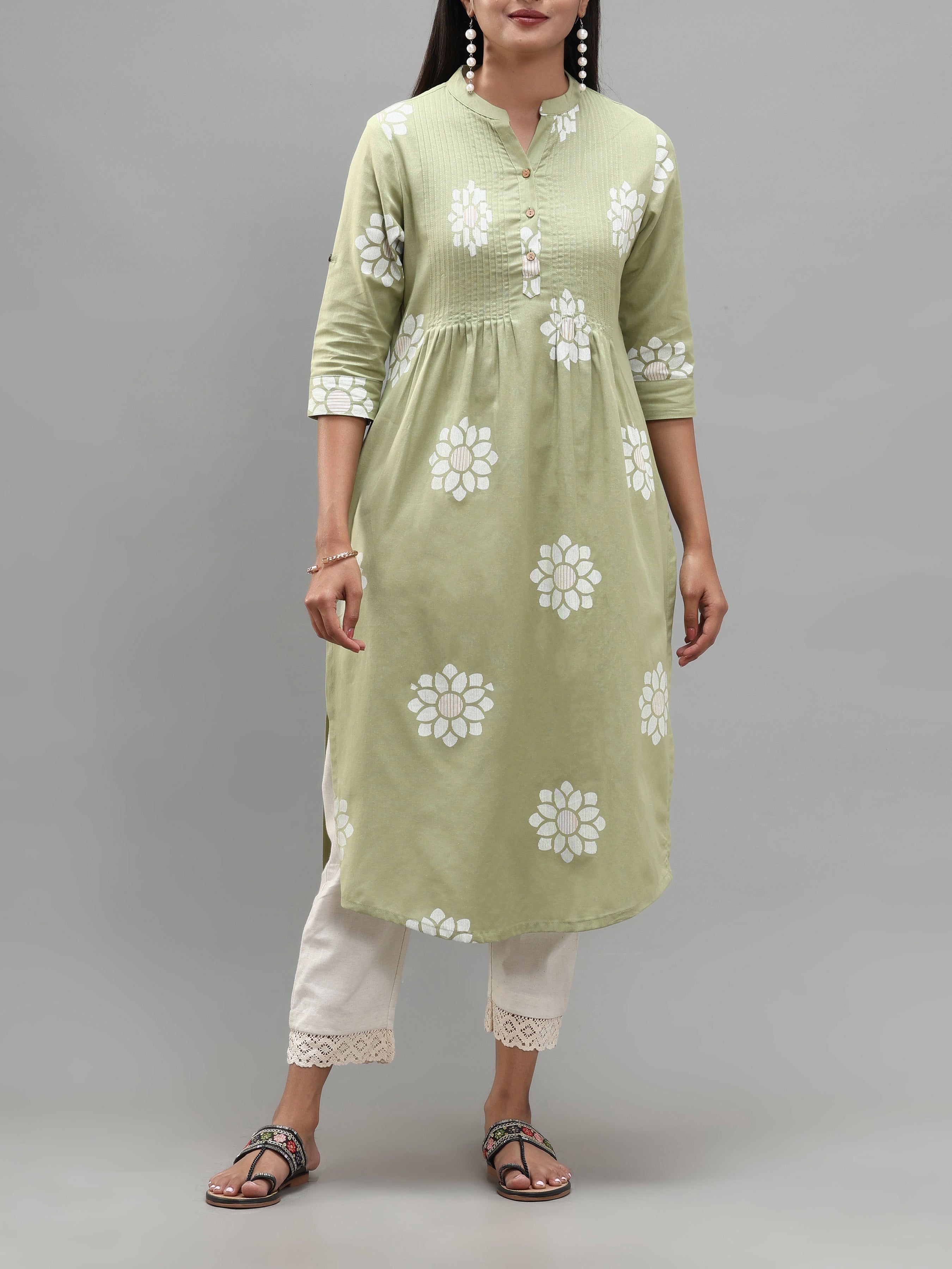Green Cotton Flax Kurti With Print