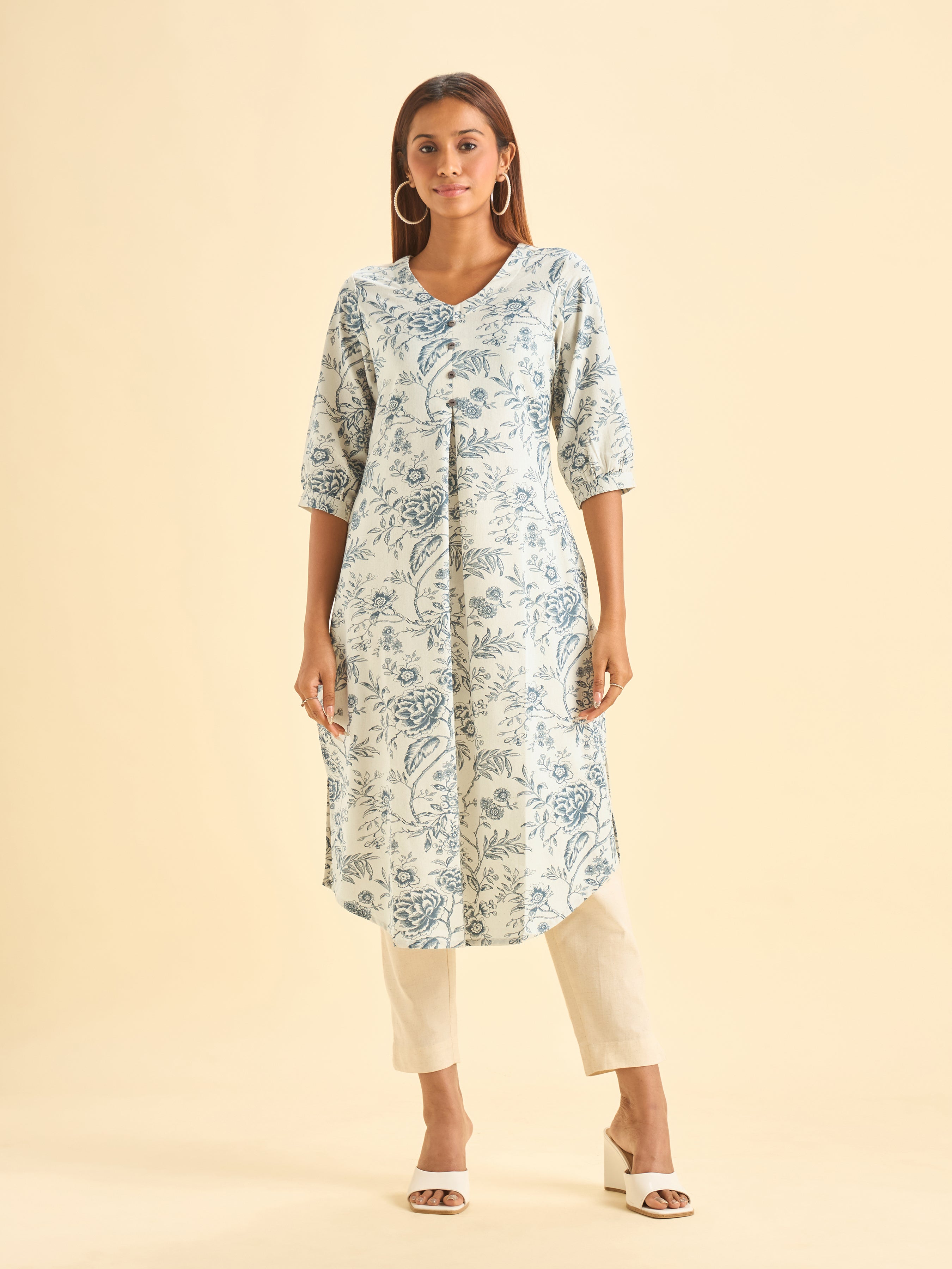 Ivory And Blue Cotton Flax Printed Kurti