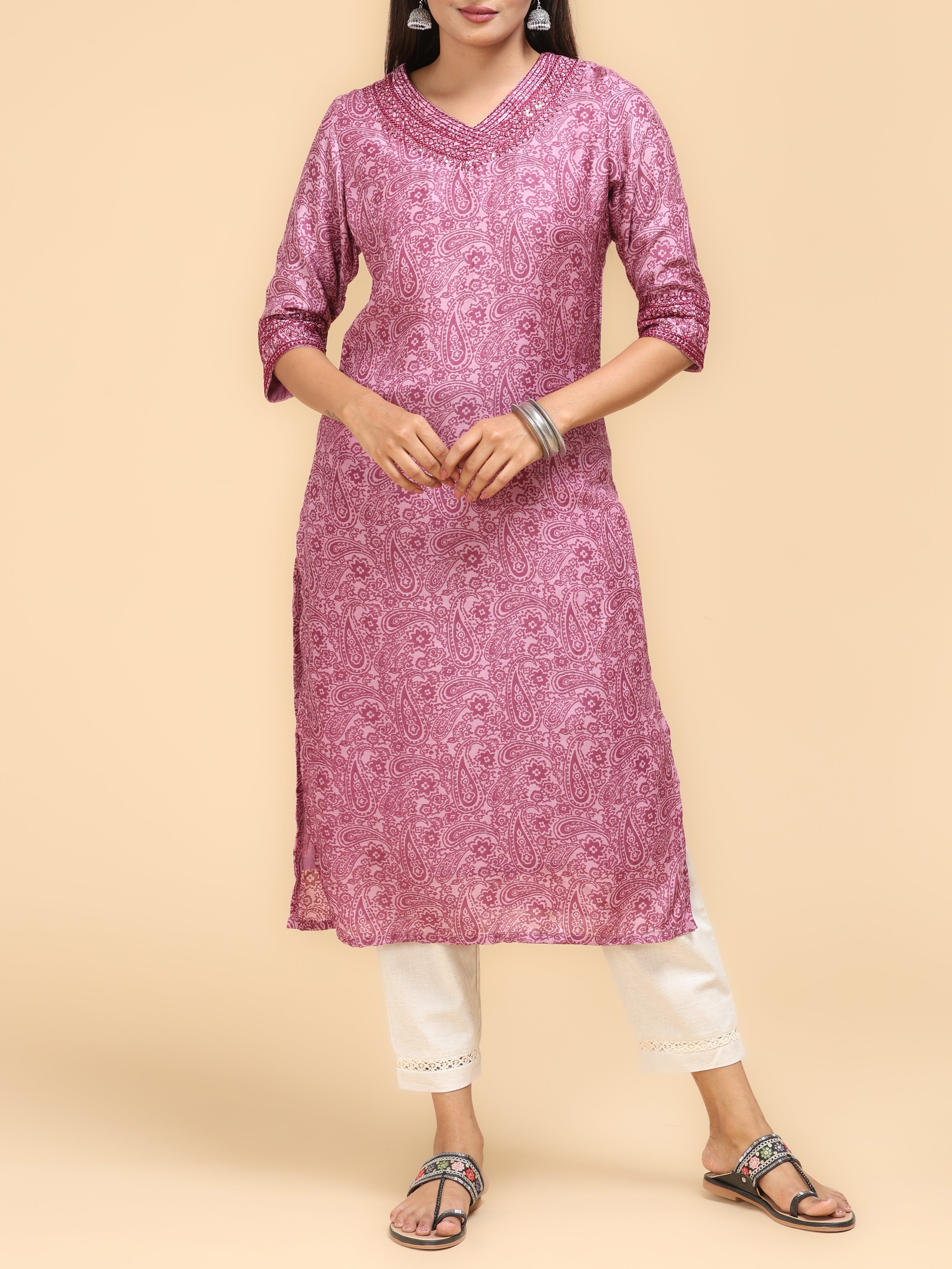 Pink Muslin Printed Kurti With Embroidery