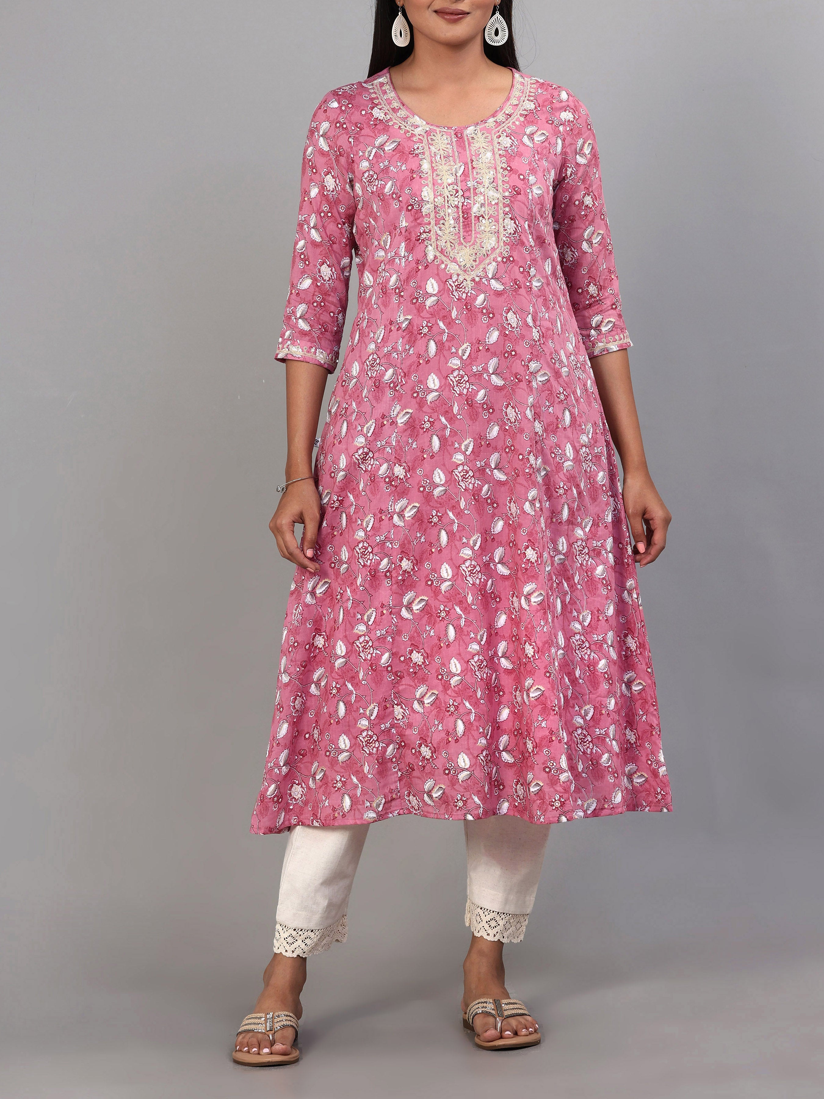 Onion Pink Pure Cotton Printed Kurti With Embroidery