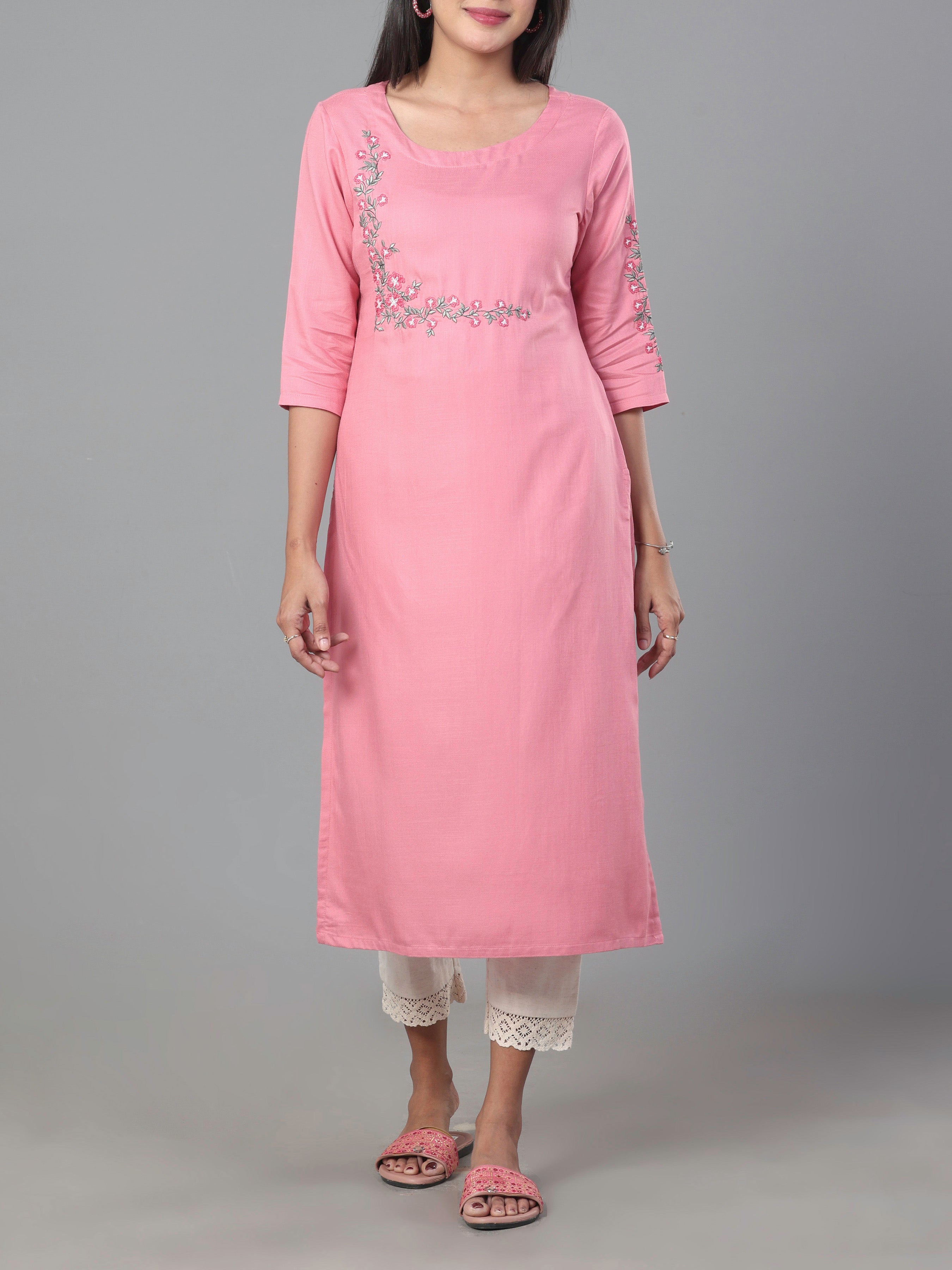 Pink Viscose Twill Plain Kurti With Embroidery