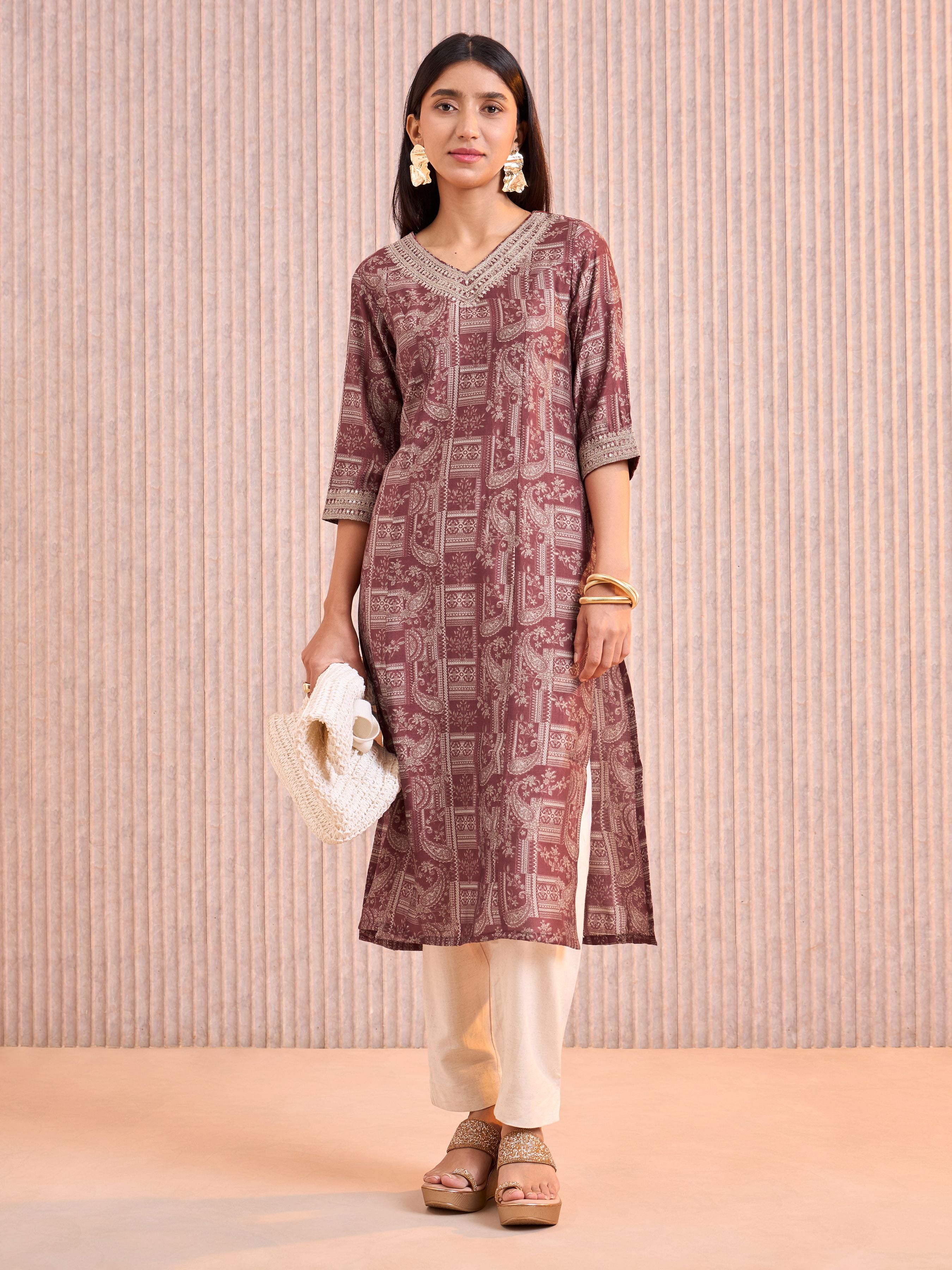 Meroon Modal Chanderi Kurti With Sequins Work