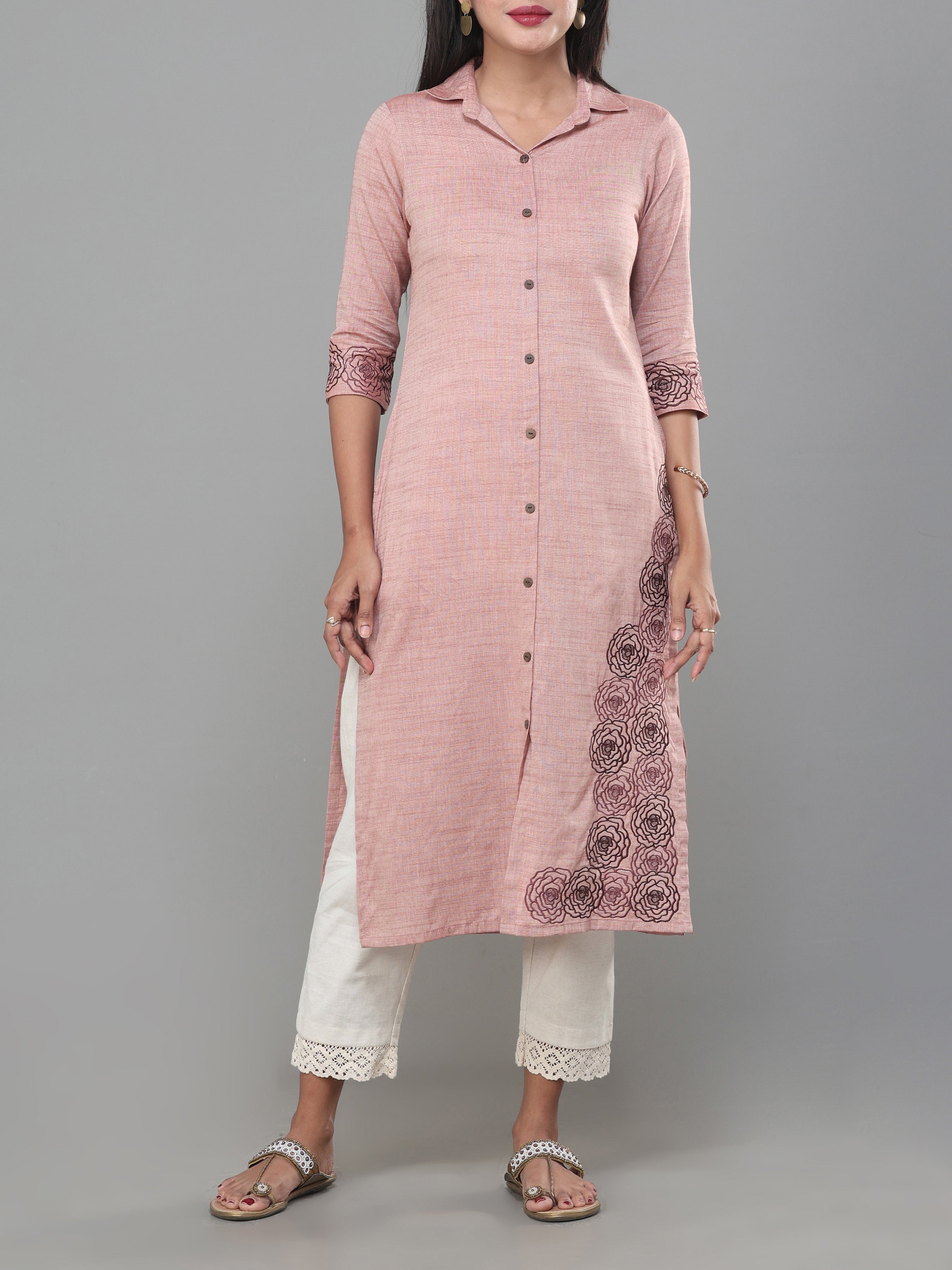 Onion Pink Viscose Cotton Kurti With Embroidery