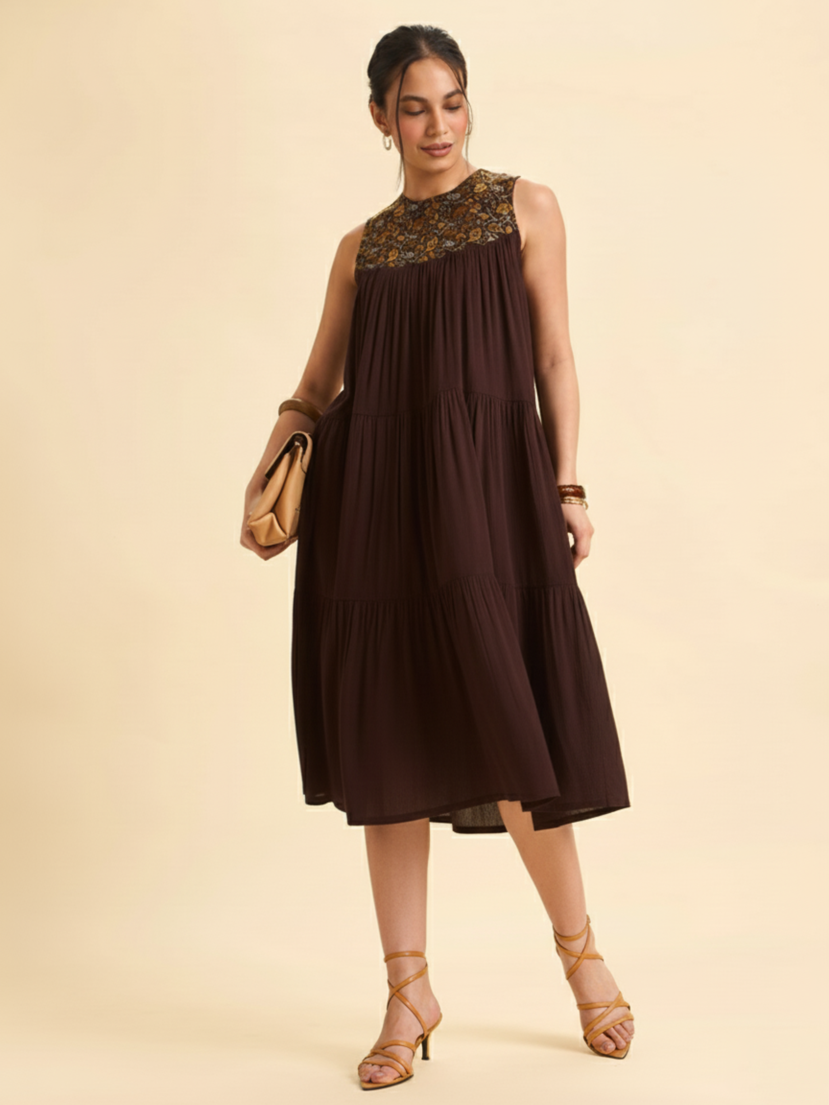 Coffee Brown Wrinkle Viscose Plain Flared Tiered Cut Kurti With Sequins Embroidery