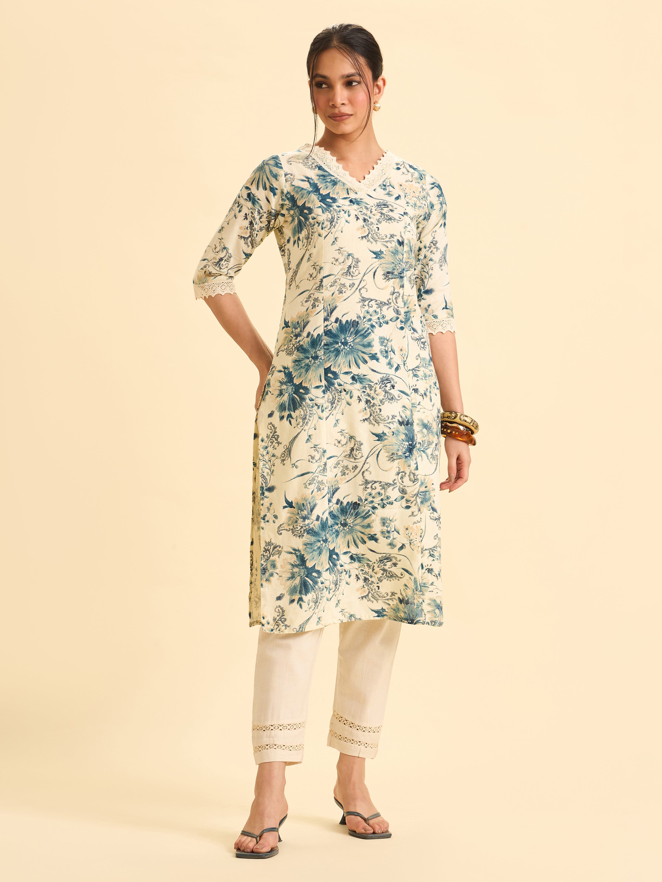 Ivory And Blue Cotton Flax Printed Kurti With Lace